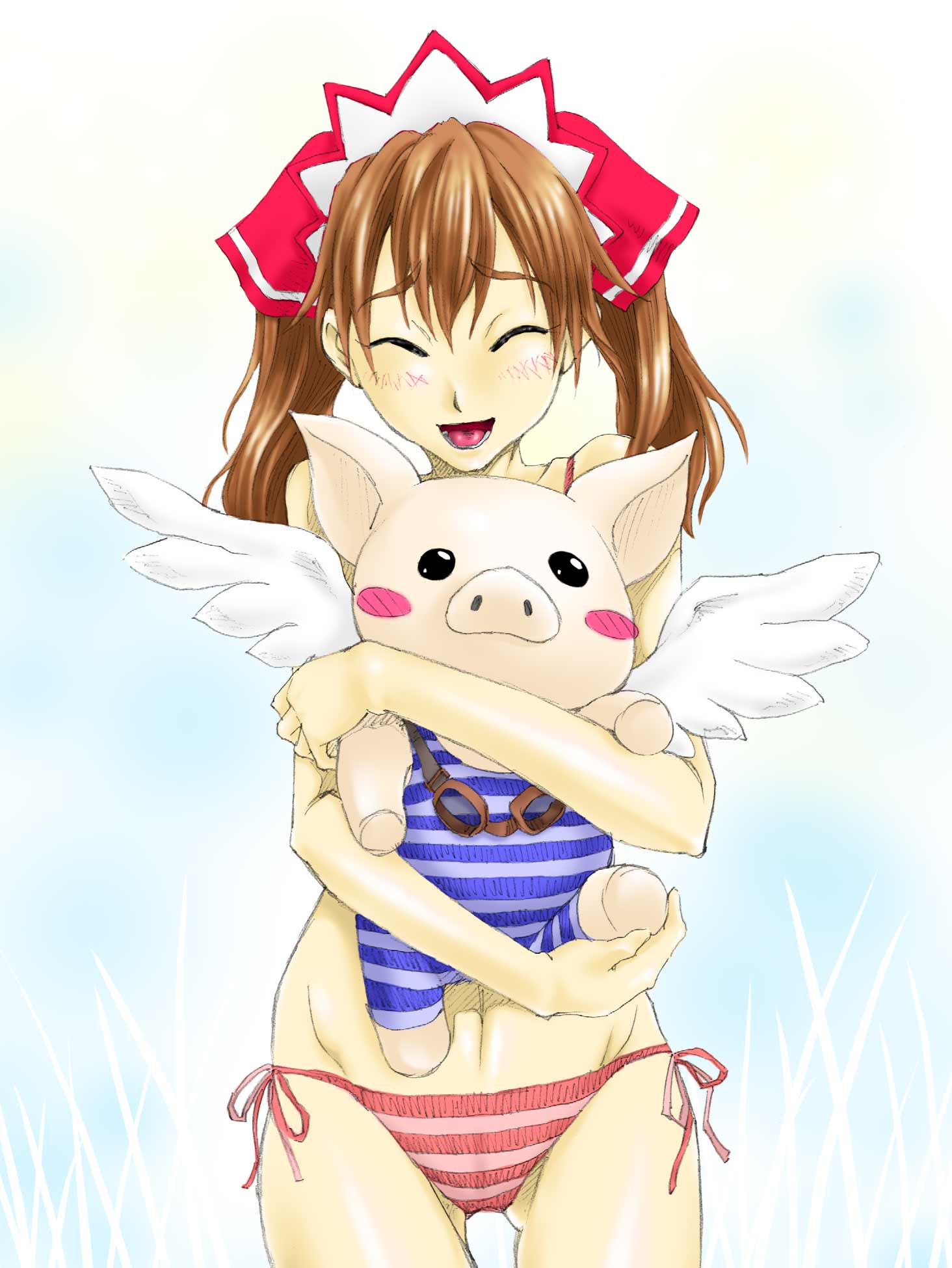 hirayu uki, hyunjoong, taira yuu, alicia melchiott, senjou no valkyria, senjou no valkyria (series), senjou no valkyria 1, highres, 00s, 1girl, blush, bra, brown hair, closed eyes, headdress, lingerie, long hair, panties, side-tie panties, standing, striped clothes, striped panties, twintails, underwear, underwear only