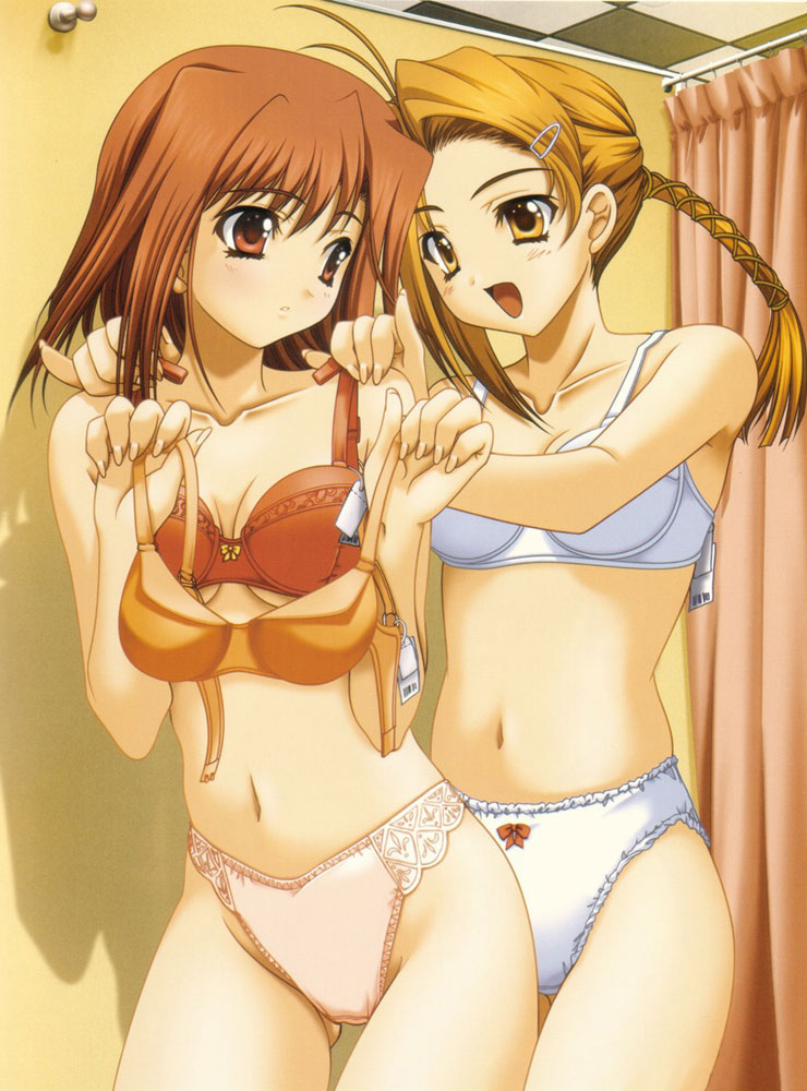 yuunagi futaba, 2girls, blonde hair, blush, bra, brown hair, clothes in front, dressing room, lingerie, multiple girls, open mouth, panties, red eyes, shop, shopping, short hair, underwear, underwear only, white panties, yellow eyes
