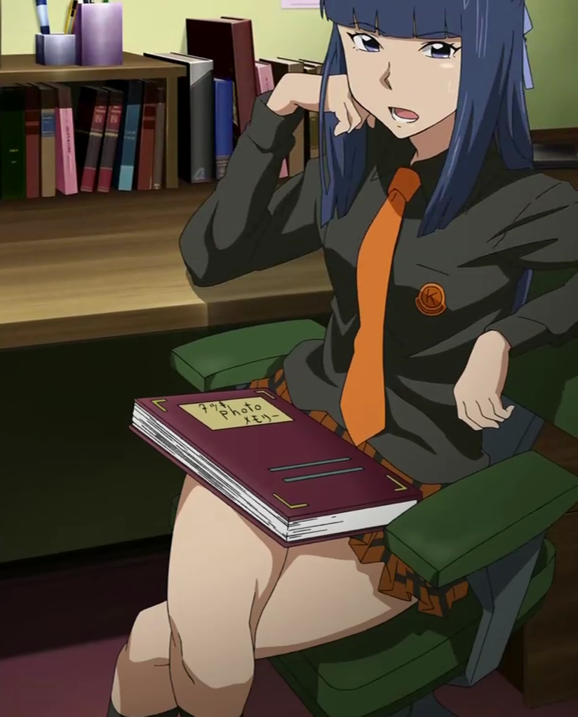iizuka tatsuki, hyakko, anime screenshot, stitched, third-party edit, 00s, 1girl, armchair, blue eyes, blue hair, book, chair, crossed legs, female focus, indoors, legs, long hair, matching hair/eyes, necktie, plaid clothes, plaid skirt, school uniform, sitting, skirt, solo, thighs
