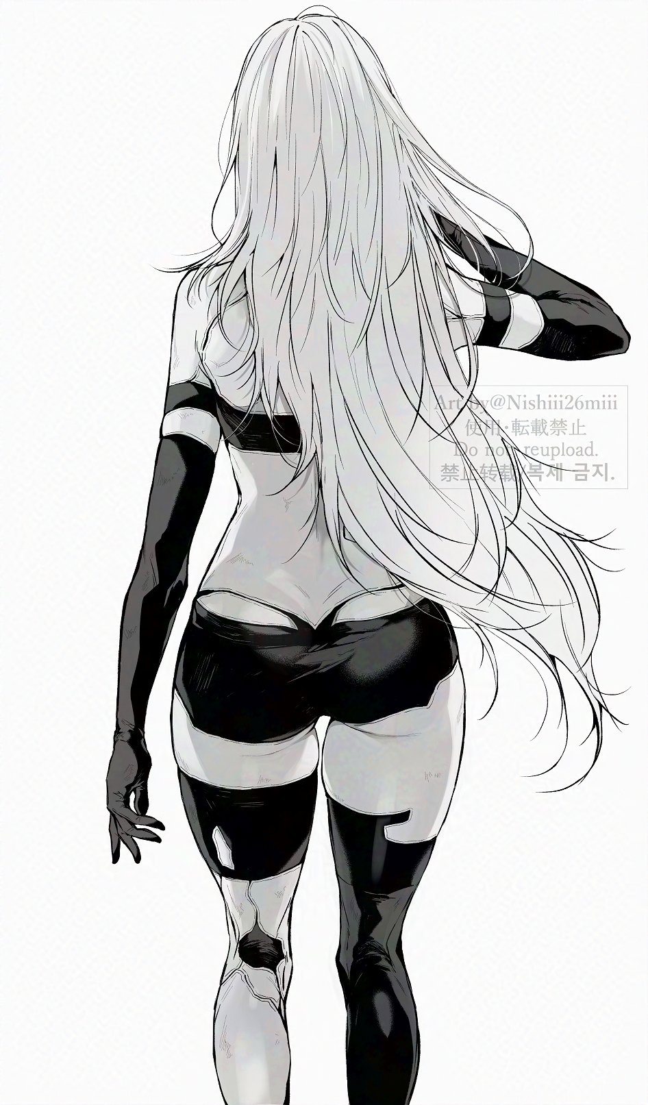 nishiii26miii, a2 (nier:automata), nier:automata, nier (series), highres, 1girl, from behind, long hair, monochrome, signature, white background, white hair