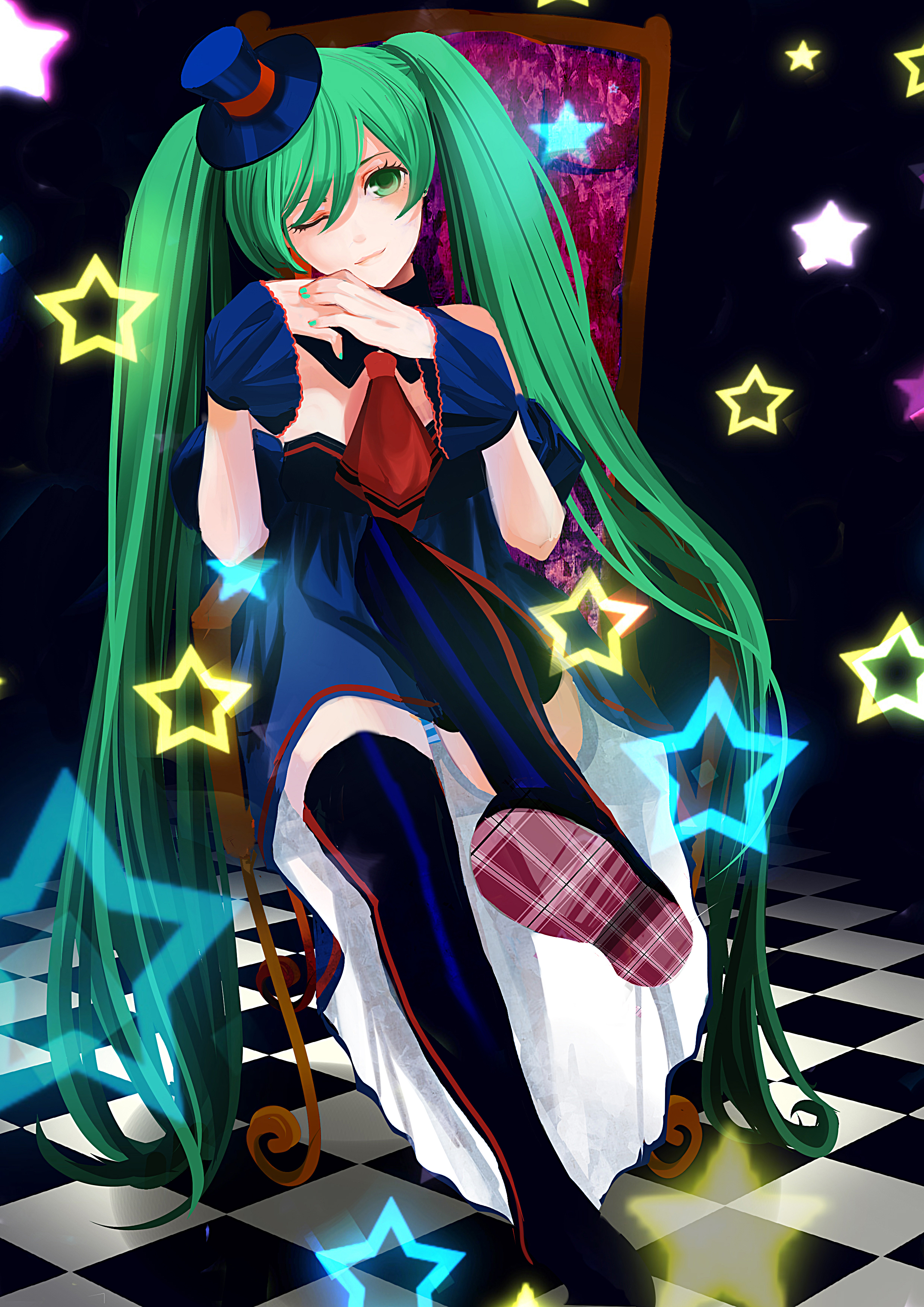 272078327, hatsune miku, vocaloid, absurdres, highres, 1girl, aqua eyes, aqua hair, aqua nails, female focus, hat, long hair, mini hat, mini top hat, nail polish, necktie, one eye closed, panties, pantyshot, sitting, smile, solo, star (symbol), thighhighs, top hat, twintails, underwear, very long hair, wink