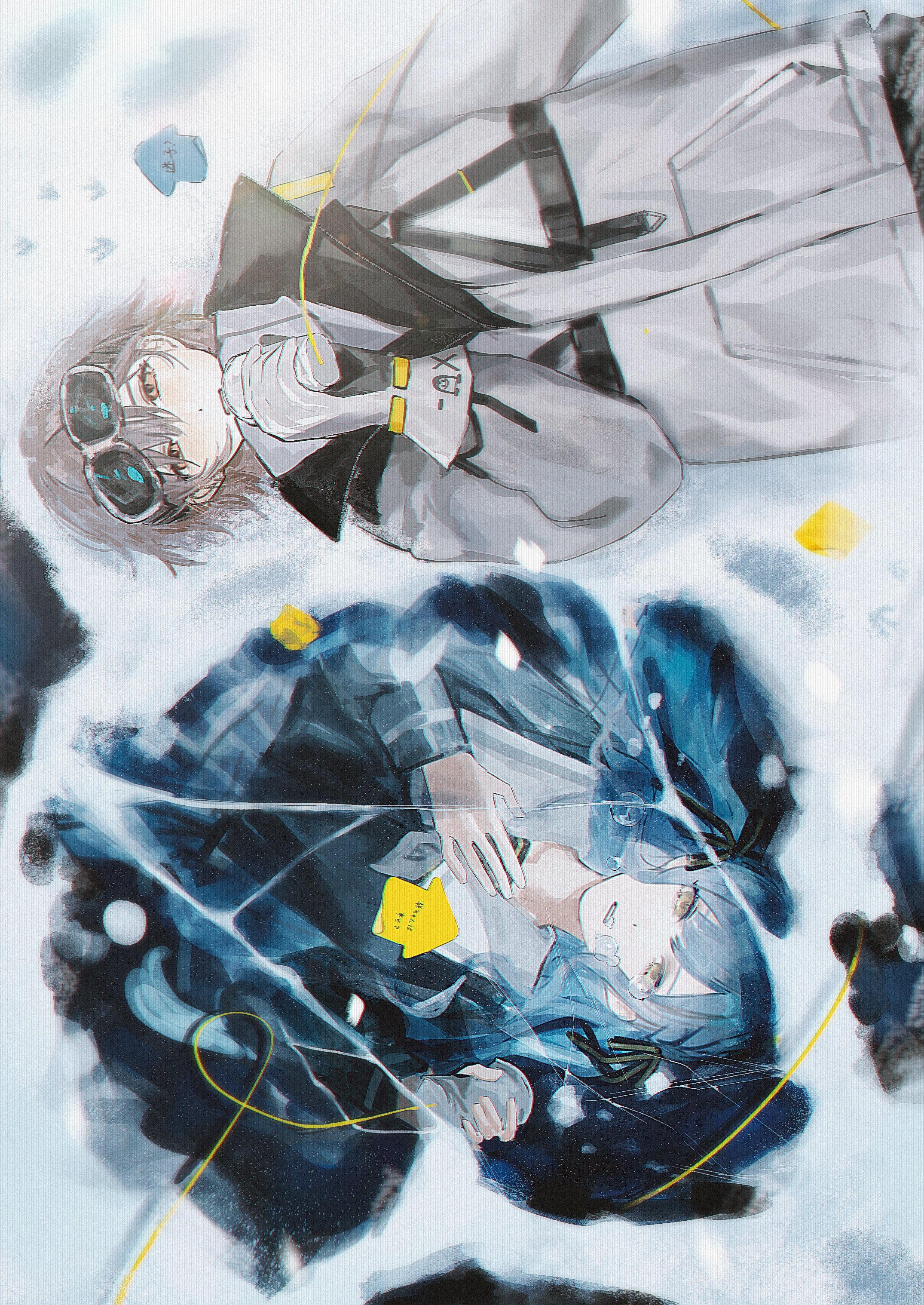 feiyu30903448, takamatsu tomori, togawa sakiko, bang dream!, bang dream! it's mygo!!!!!, absurdres, commentary, english commentary, highres, 2girls, black ribbon, blue hair, blue shirt, brown eyes, crying, crying with eyes open, eyewear on head, gloves, grey hair, grey jacket, hair ribbon, jacket, long hair, multiple girls, purple eyes, ribbon, school uniform, shirt, short hair, sticky note, string, string of fate, string phone, tears, tsukinomori school uniform, white gloves, yellow eyes