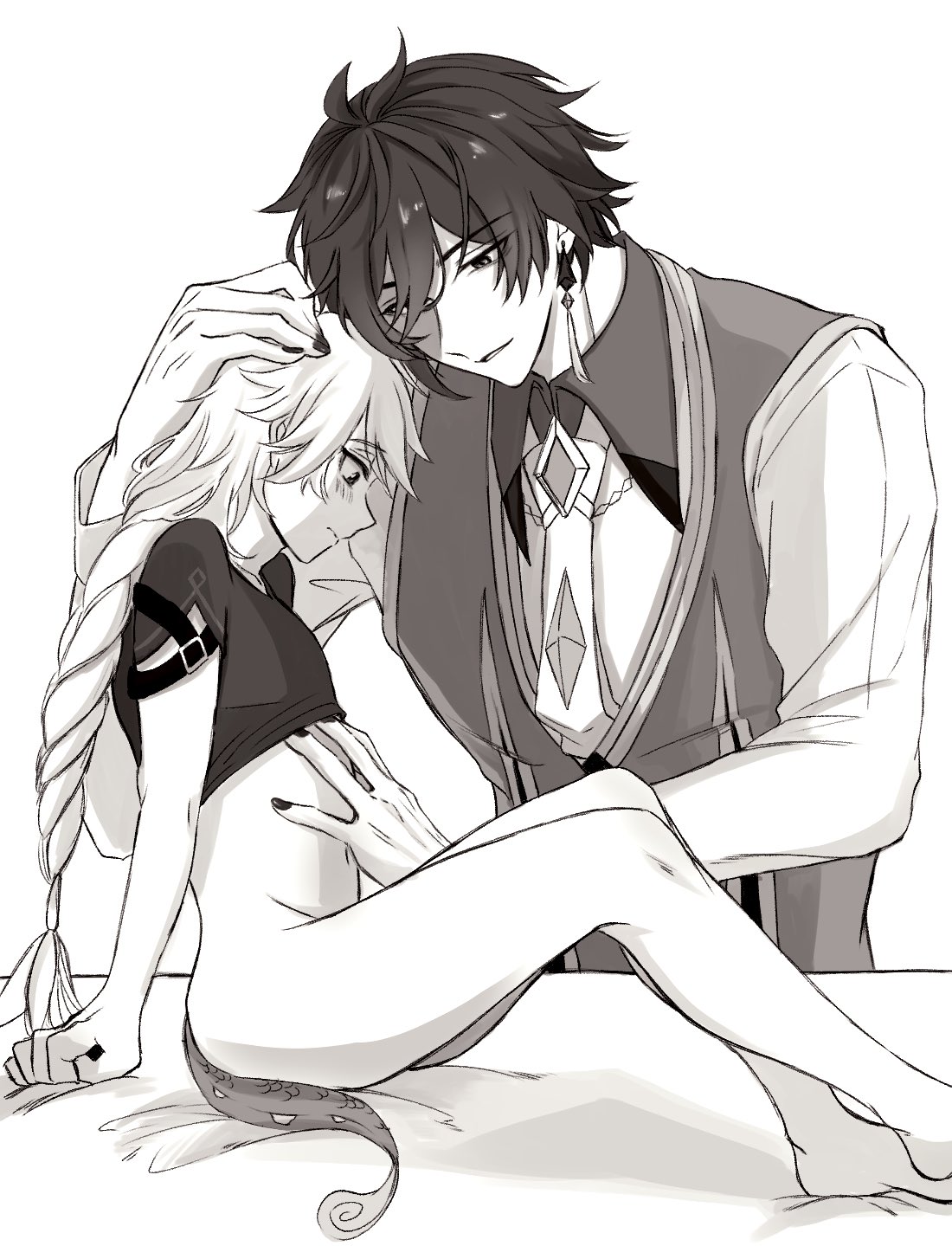 aether (genshin impact), zhongli (genshin impact), genshin impact, commentary request, highres, 2boys, ahoge, antenna hair, barefoot, blush, bottomless, braid, clenched hand, closed mouth, collared shirt, earrings, fingernails, greyscale, hair between eyes, hair ornament, hair ribbon, hand on another's head, hand on another's stomach, hand up, jewelry, long hair, long sleeves, looking at another, looking down, low-braided long hair, low-tied long hair, male focus, monochrome, multiple boys, nail polish, navel, necktie, nogu gesoshiso, on bed, open mouth, pendant, ribbon, shirt, short sleeves, simple background, single braid, single earring, sitting, smile, standing, tassel, tassel earrings, vest, yaoi