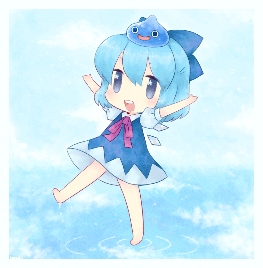 mg, cirno, slime (dragon quest), dragon quest, embodiment of scarlet devil, touhou, 1girl, arms up, barefoot, blue eyes, blue hair, border, bow, chibi, crossover, dress, female focus, full body, gradient background, hair bow, happy, matching hair/eyes, object on head, short hair, slime (creature), solo, water