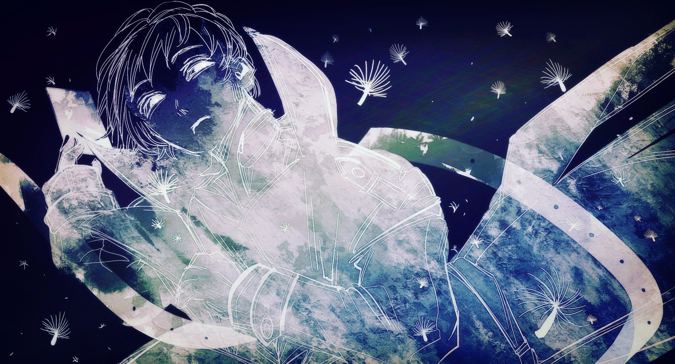 kim dokja, omniscient reader's viewpoint, highres, 1boy, belt, coat, curled up, dandelion, dandelion seed, drooling, empty eyes, flower, head tilt, holding, holding paper, horaceswarcsal, limited palette, looking at viewer, male focus, open clothes, open coat, painterly, paper, popped collar, short hair, solo, upper body, white coat