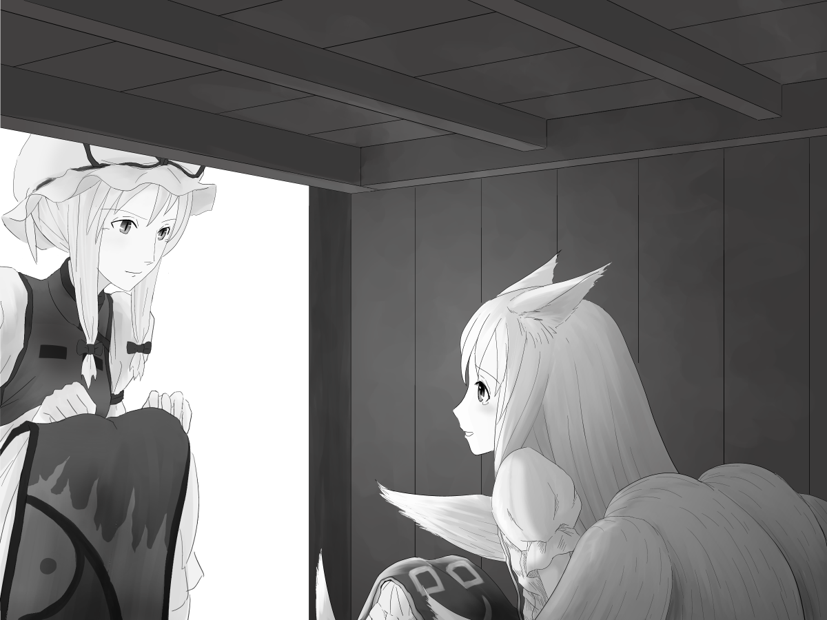 wimifu, yakumo ran, yakumo yukari, touhou, bad id, bad pixiv id, 2girls, aged down, animal ears, female focus, fox ears, fox tail, greyscale, hat, long hair, monochrome, multiple girls, multiple tails, short hair, tail