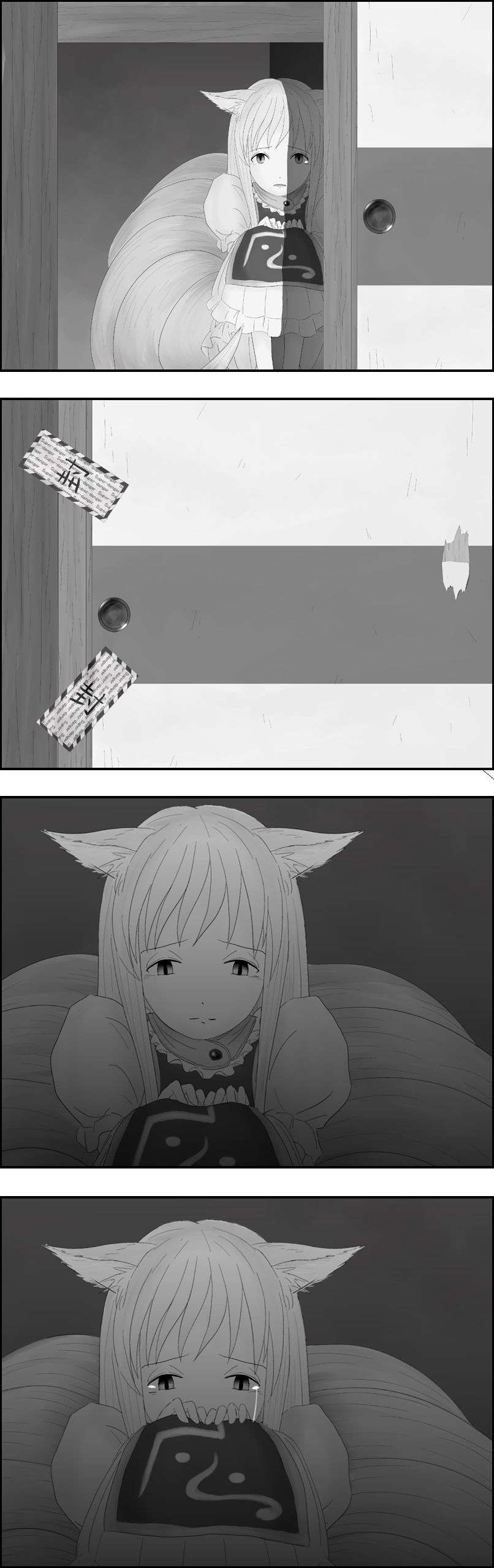 wimifu, yakumo ran, touhou, absurdres, bad id, bad pixiv id, highres, long image, tall image, aged down, animal ears, comic, female focus, fox ears, fox tail, greyscale, long hair, monochrome, multiple tails, silent comic, tail, tears