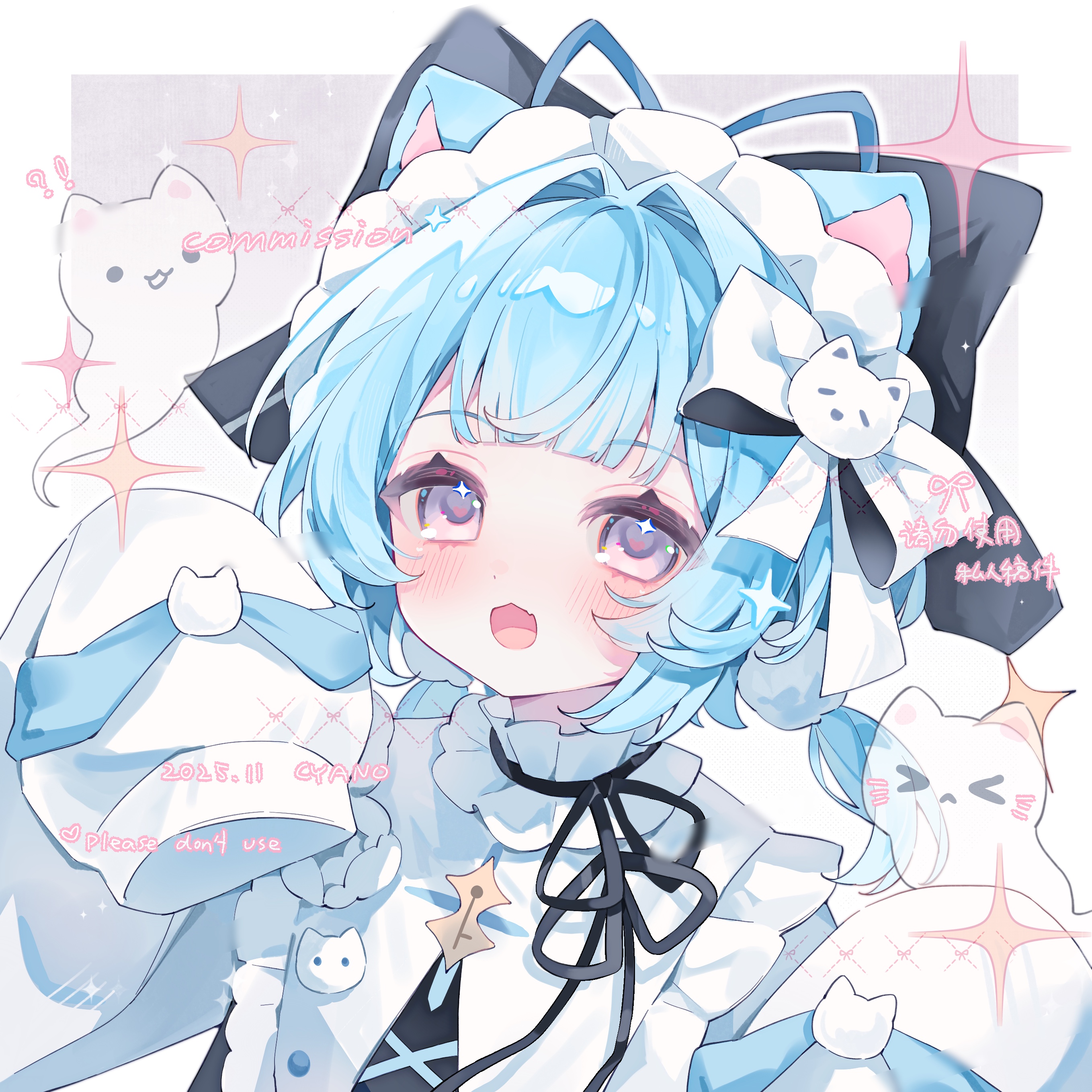 cyano, original, absurdres, highres, 1girl, :d, animal ear fluff, animal ears, black bow, black ribbon, blue hair, blunt bangs, blush, bow, cat ears, cat girl, fang, grey background, hair bow, hair intakes, hands up, long hair, long sleeves, looking at viewer, maid headdress, neck ribbon, open mouth, portrait, ribbon, shirt, skin fang, sleeves past fingers, sleeves past wrists, smile, solo, sparkle, white bow, white shirt, yellow eyes