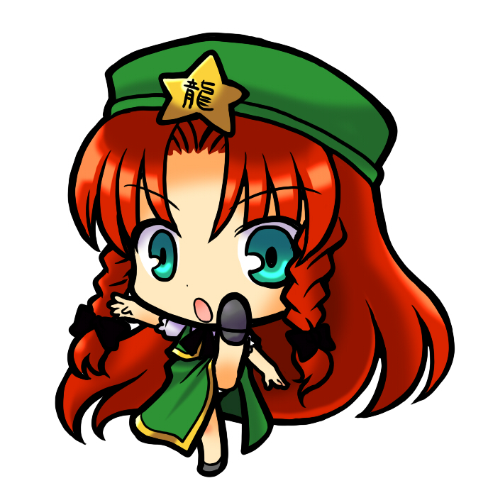 socha, hong meiling, immaterial and missing power, touhou, 1girl, aqua eyes, braid, chibi, china dress, chinese clothes, dress, female focus, full body, hat, high kick, kicking, long hair, open mouth, red hair, simple background, solo, twin braids, white background