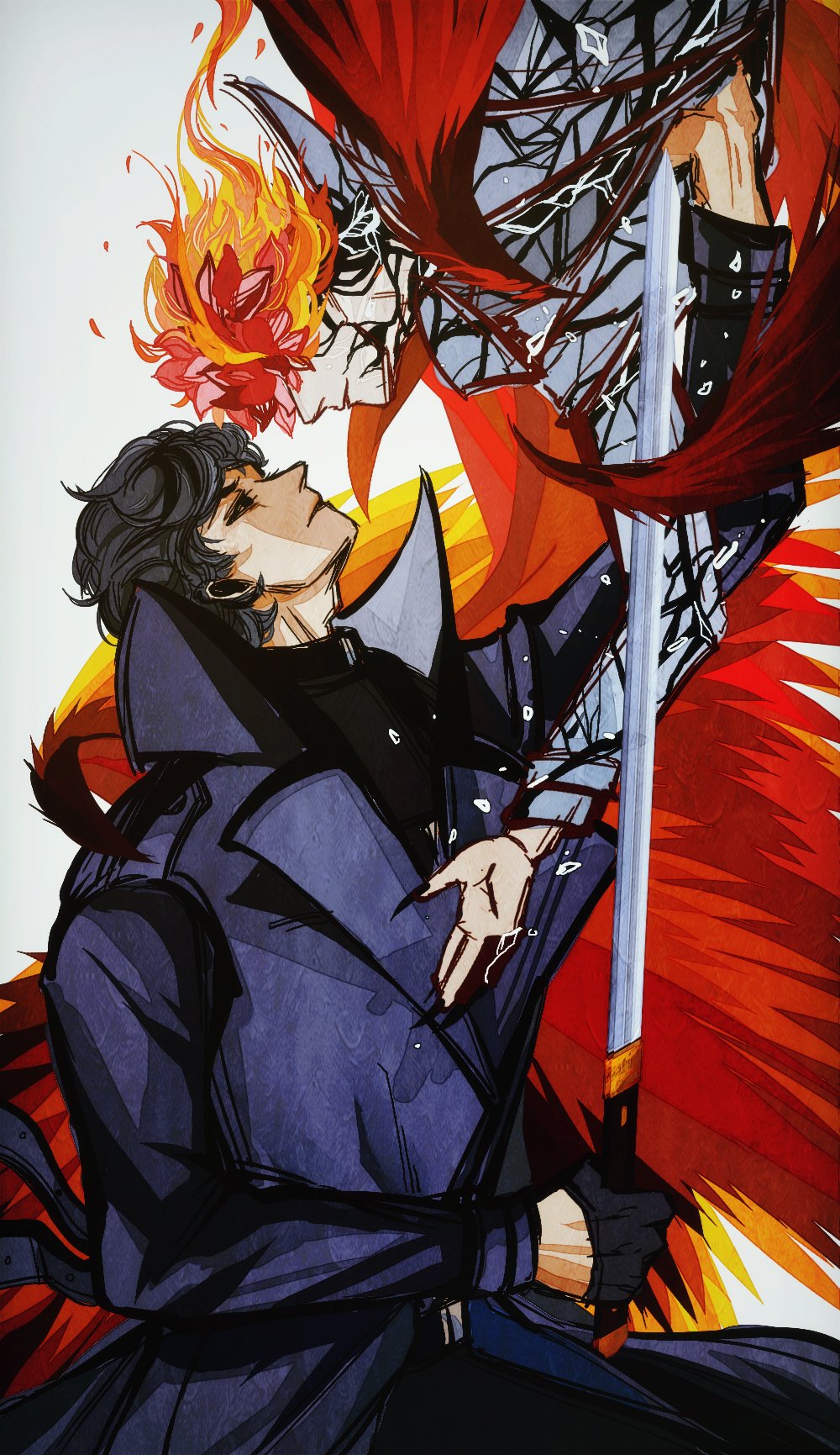 kim dokja, yoo joonghyuk, omniscient reader's viewpoint, highres, 2boys, black coat, black eyes, black hair, black nails, black shirt, burning, coat, colored veins, cracked skin, embers, expressionless, feathered wings, fingernails, fire, floating, holding, holding sword, holding weapon, horaceswarcsal, imminent stabbing, looking at another, male focus, multiple boys, open clothes, open coat, outstretched arm, popped collar, red hair, red wings, sharp fingernails, shirt, short hair, sword, weapon, white coat, wings
