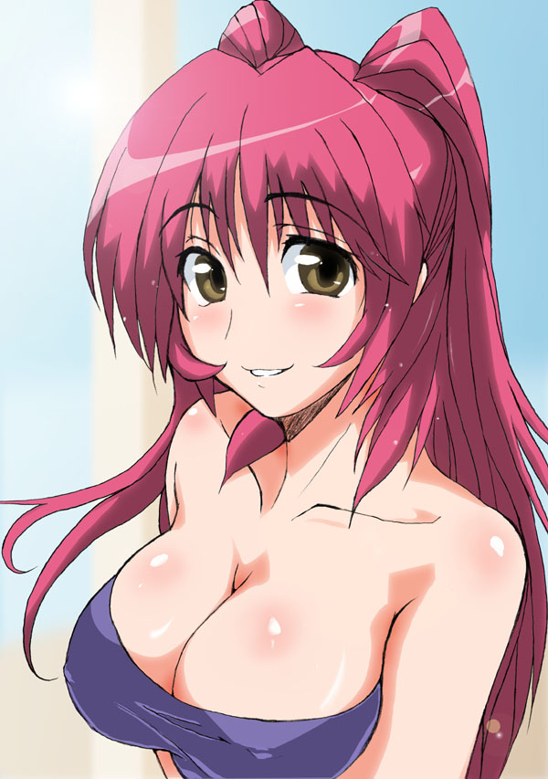 tekuni amane, kousaka tamaki, to heart (series), to heart 2, 00s, arms at sides, bare arms, bare shoulders, blue one-piece swimsuit, blush, breasts, brown eyes, cleavage, collarbone, covered erect nipples, eyebrows hidden by hair, eyes visible through hair, grin, hair between eyes, large breasts, long hair, looking at viewer, neck, one-piece swimsuit, red hair, smile, solo, straight hair, strapless, strapless one-piece swimsuit, swimsuit, twintails, upper body