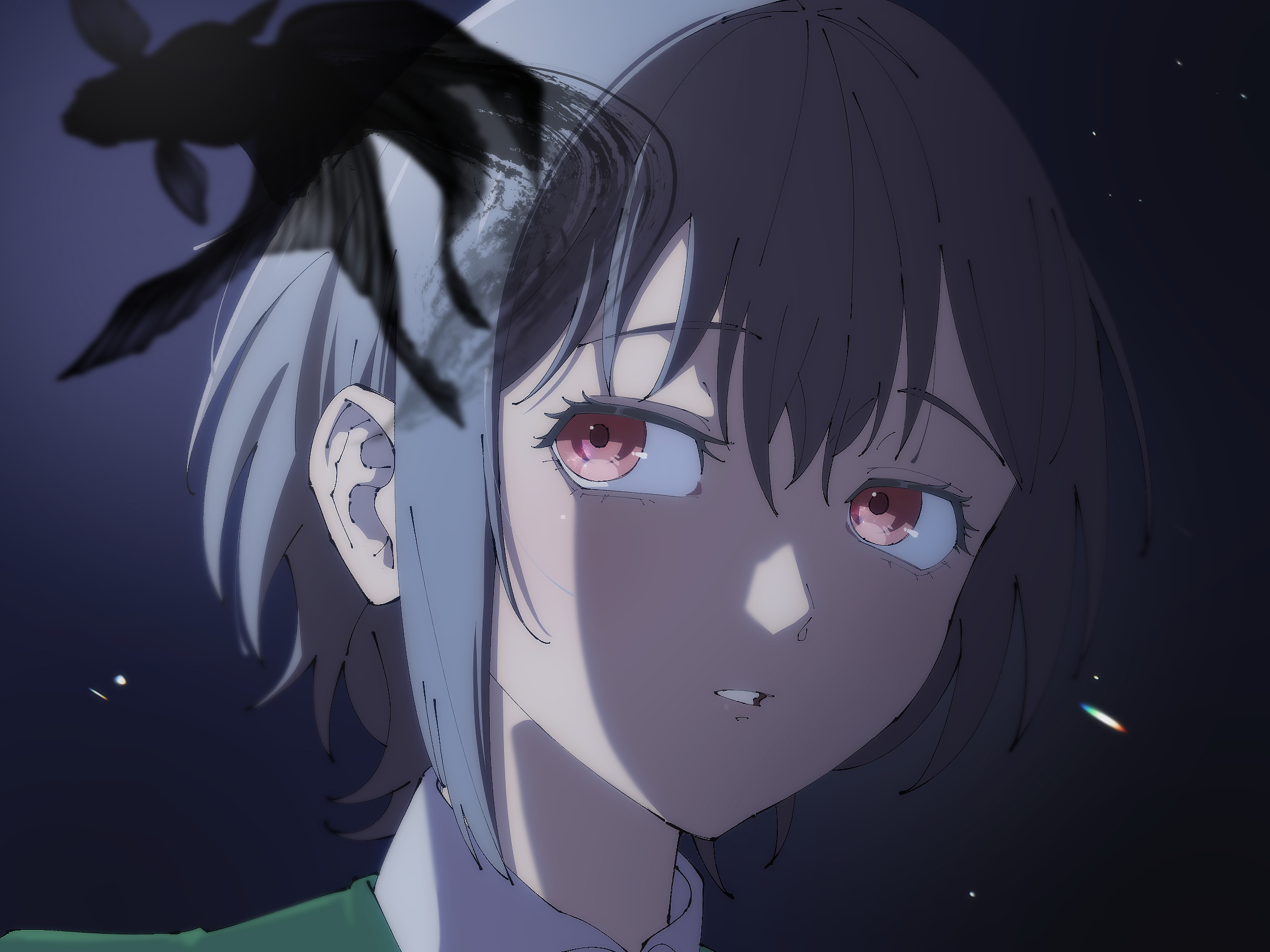 tsuyudashimirin, takamatsu tomori, bang dream!, bang dream! it's mygo!!!!!, commentary, highres, 1girl, brown eyes, fish, grey hair, light particles, open mouth, portrait, short hair, solo