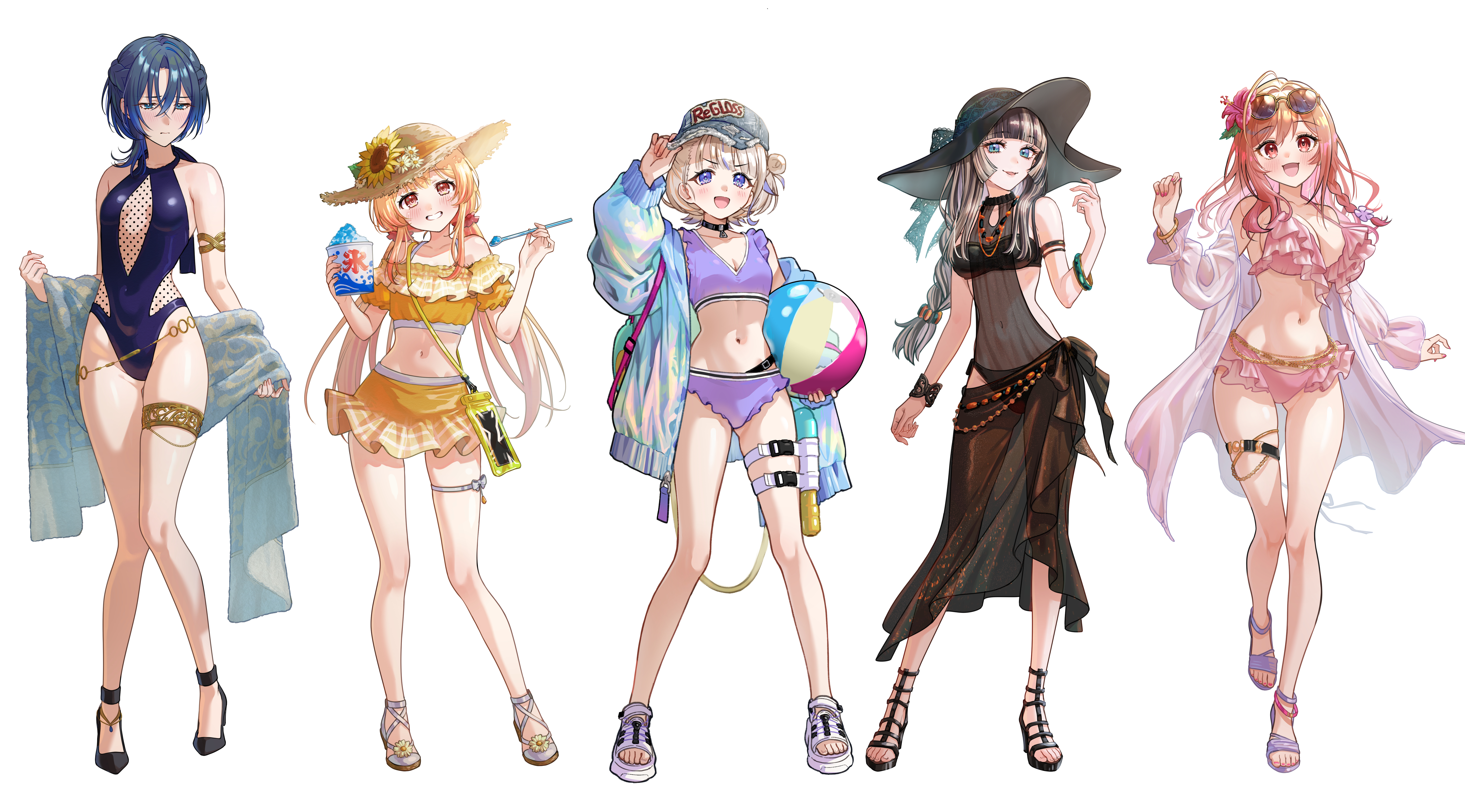 azusamaru, hiodoshi ao, ichijou ririka, juufuutei raden, otonose kanade, todoroki hajime, hololive, hololive dev is, regloss (hololive), gold armlet, absurdres, commentary request, highres, 5girls, ahoge, armlet, ball, baseball cap, beachball, bikini, bikini skirt, black bikini, black choker, black hair, blonde hair, blue eyes, blue hair, blue one-piece swimsuit, blush, bracelet, braid, breasts, choker, covered navel, denim headwear, eyewear on head, flower, food, full body, gladiator sandals, grey hair, hair bun, hair flower, hair ornament, hat, hat flower, high heel sandals, holding, holding spoon, holding towel, jacket, jewelry, large breasts, long hair, low twintails, multicolored hair, multiple girls, navel, necklace, one-piece swimsuit, orange eyes, orange hair, pink bikini, pink nails, purple bikini, purple eyes, purple sandals, red eyes, sandals, sarong, see-through clothes, see-through jacket, shaved ice, side braid, simple background, smile, spoon, straw hat, sun hat, sunflower, sunglasses, swimsuit, thigh strap, towel, twintails, two-tone hair, virtual youtuber, water gun, white background, yellow bikini