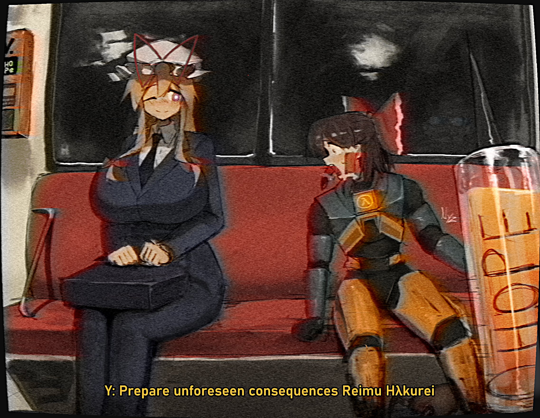 nagilamagykalz, g-man, gordon freeman, hakurei reimu, yakumo yukari, half-life (series), touhou, highres, 2girls, armor, black hair, black necktie, blonde hair, bow, breasts, cosplay, formal clothes, frilled bow, frilled hair tubes, frills, g-man (cosplay), gordon freeman (cosplay), hair bow, hair ribbon, hair tubes, hat, hev suit, lambda symbol, large breasts, long hair, looking at another, looking at breasts, mob cap, multiple girls, necktie, one eye closed, orange armor, pink eyes, red bow, ribbon, sitting, subway, suit, suitcase, syringe