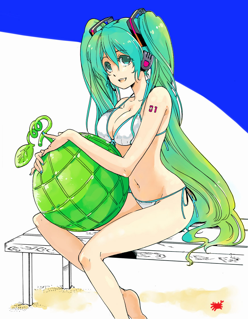 acm, mmk (majinai no mori), hatsune miku, vocaloid, bad id, bad pixiv id, 1girl, barefoot, bikini, breasts, cleavage, female focus, food, fruit, green eyes, green hair, halterneck, headphones, headset, long hair, matching hair/eyes, net, side-tie bikini bottom, sitting, smile, solo, string bikini, swimsuit, twintails, very long hair, white bikini
