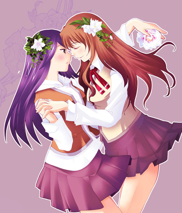 teramoto kaoru, fujino shizuru, kuga natsuki, my-hime, 00s, 2girls, blush, brown hair, closed eyes, flower, hair flower, hair ornament, holding hands, imminent kiss, long hair, multiple girls, profile, purple hair, rose, school uniform, simple background, skirt, white flower, white rose, yuri