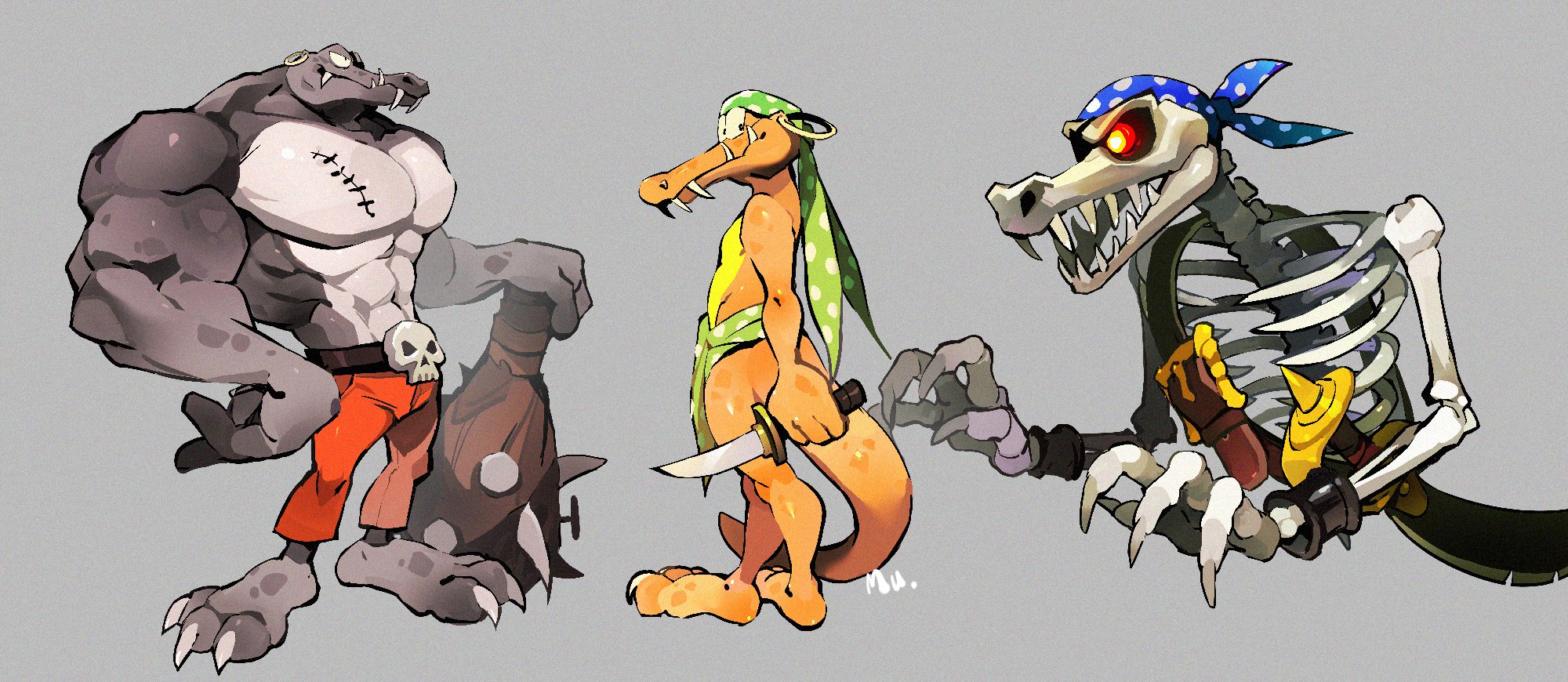 mu (mu 963), kackle, kremling, kudgel, kutlass, donkey kong (series), donkey kong country 2, nintendo, 3boys, bandana, belt, belt buckle, buckle, club (weapon), earrings, fang, full body, ghost, glowing, glowing eye, grey background, hand on own hip, holding, holding weapon, hoop earrings, jewelry, knife, multiple boys, pants, scar, skeleton, smile, standing, stitches, sword, weapon