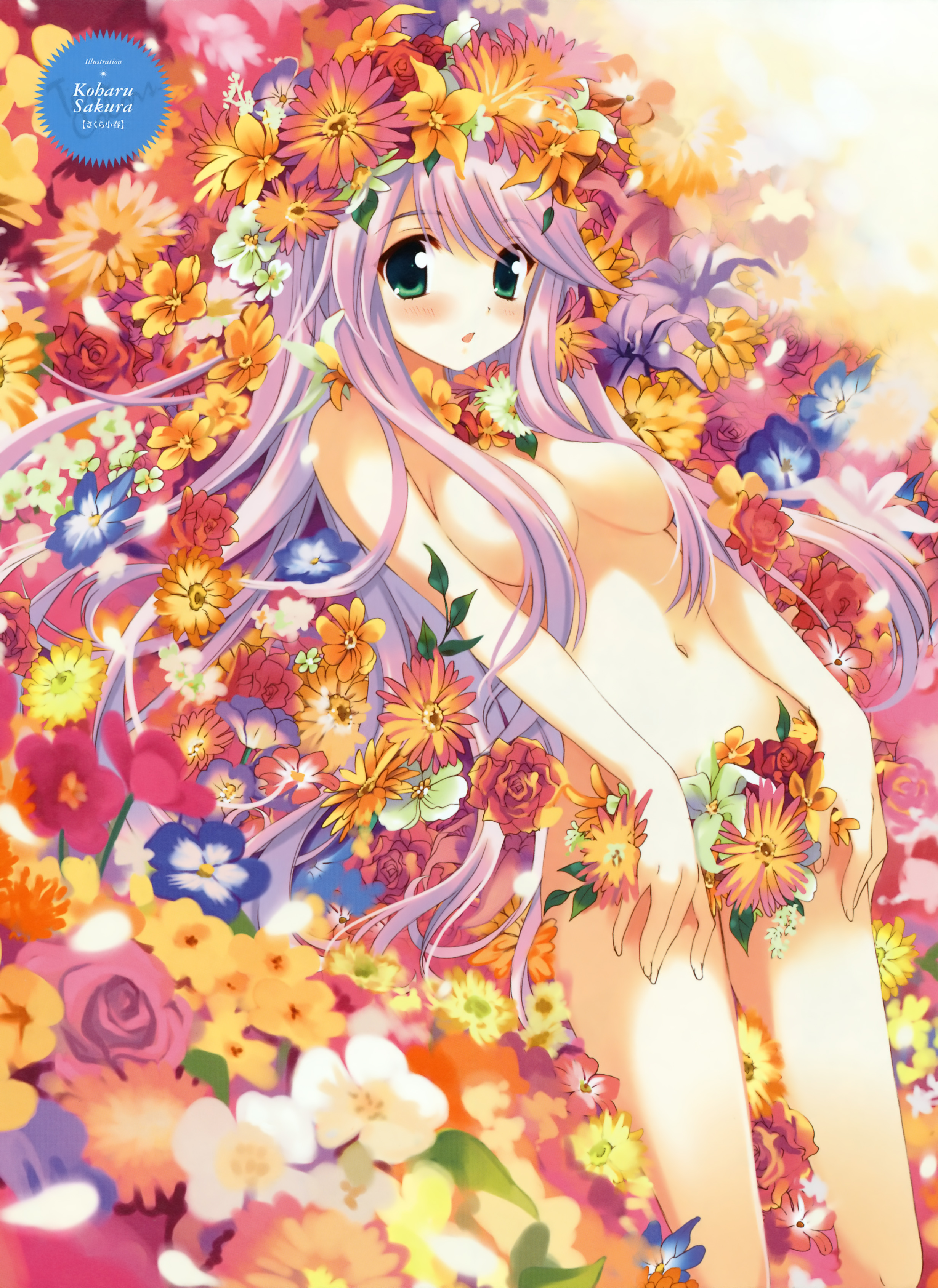 sakura koharu, light purple hair, absurdres, highres, 1girl, :o, areola slip, blush, breasts, censored, chestnut mouth, colorful, convenient censoring, eyes visible through hair, female focus, field, flower, flower field, green eyes, hair censor, hair over breasts, hair spread out, large breasts, long hair, navel, nude, outdoors, purple hair, solo, swept bangs, very long hair, yonic symbol