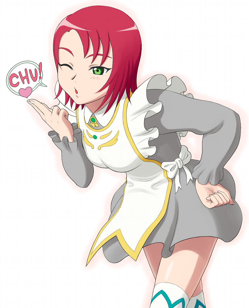 jinrai (owl12), juliet nao zhang, my-otome, 00s, 1girl, blowing kiss, breasts, female focus, garderobe uniform, gradient background, kiss, medium breasts, one eye closed, solo, speech bubble, thighhighs, white background, wink, zettai ryouiki