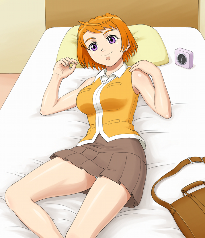 jinrai (owl12), tokiha mai, my-hime, 00s, 1girl, bag, bed, breasts, clock, female focus, indoors, lying, on bed, orange hair, orange shirt, purple eyes, school uniform, shirt, short hair, skirt, solo