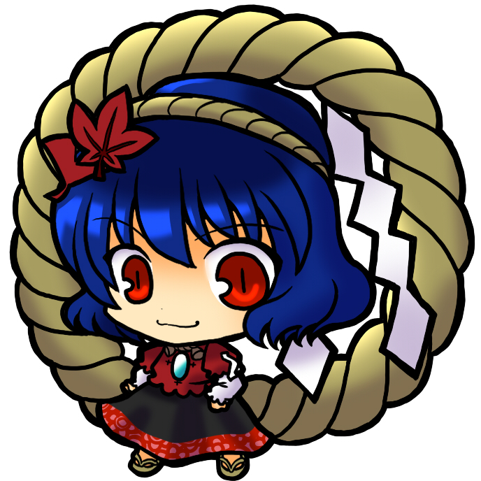 socha, yasaka kanako, touhou, 1girl, blue hair, chibi, female focus, hair ornament, hairband, leaf, leaf hair ornament, red eyes, rope, short hair, simple background, slit pupils, solo