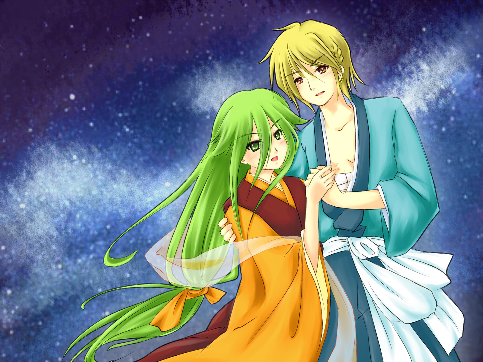 johan, piku, hikoboshi, orihime (tanabata), pheles, shakugan no shana, highres, 1boy, 1girl, blonde hair, chinese clothes, cosplay, couple, green eyes, green hair, hetero, japanese clothes, long hair, orange eyes, short hair, space, tanabata