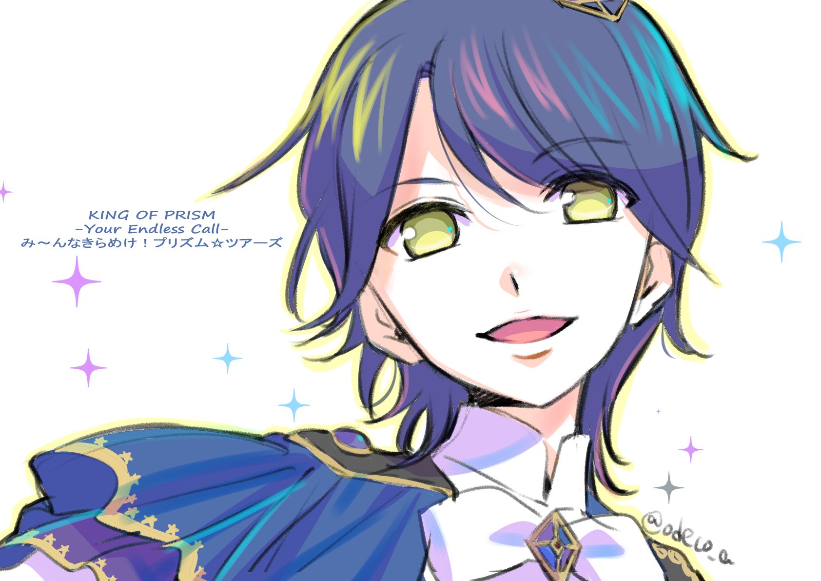 matsuura mai, idol time pripara, pretty rhythm, pretty series, pripara, hashtag-only commentary, highres, :d, blue hair, copyright name, hair between eyes, king of prism, looking at viewer, male focus, open mouth, outline, short hair, simple background, smile, solo, sparkle, takase koyoi, twitter username, upper body, white background, yellow eyes, yellow outline