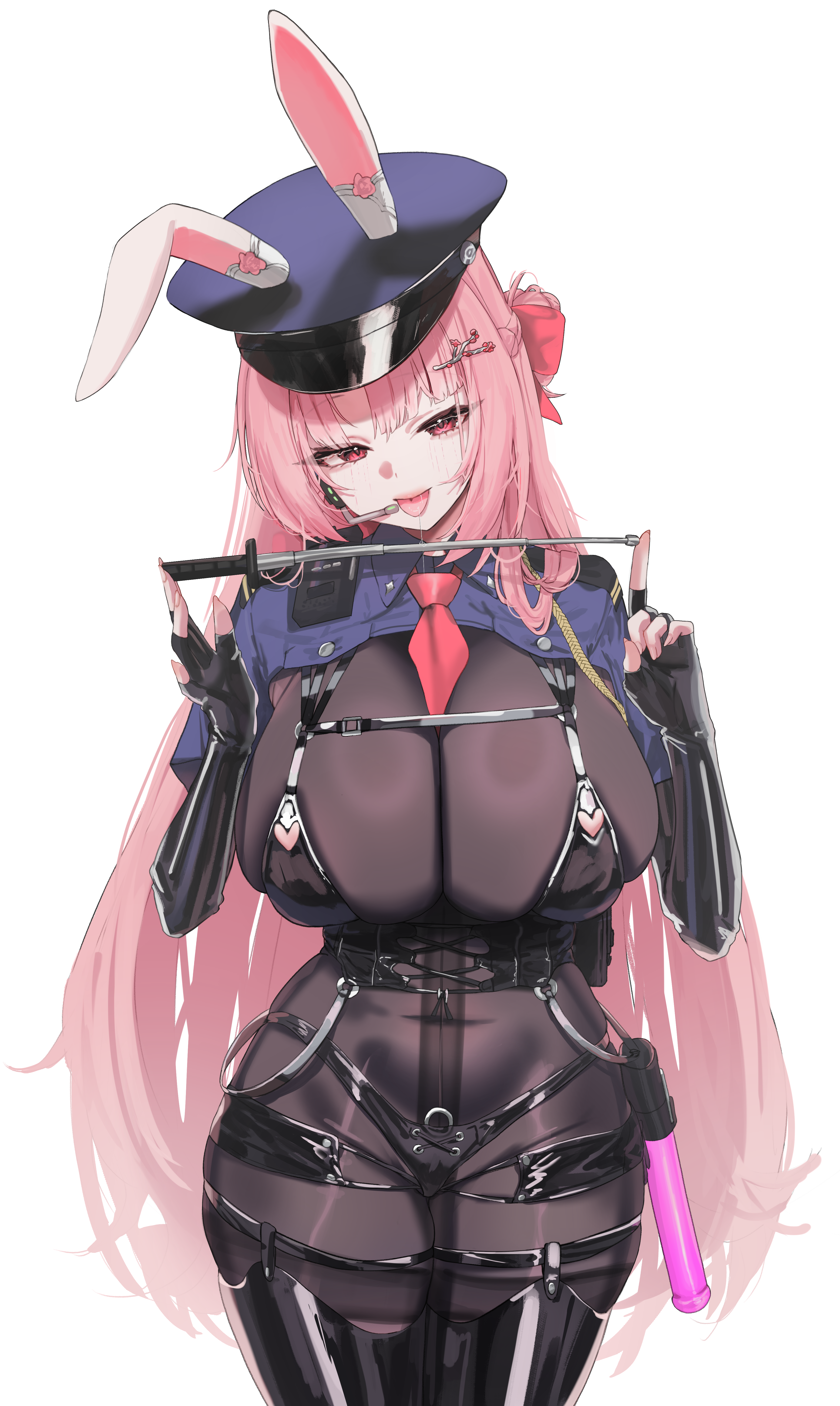 krabking, original, absurdres, commentary, highres, animal ears, belt, between breasts, bikini, black belt, black bikini, black pantyhose, black thighhighs, bodystocking, breasts, covered navel, ears through headwear, elbow gloves, fingerless gloves, gloves, hat, holding, holding stick, large breasts, long hair, necktie, necktie between breasts, pantyhose, pink hair, playboy bunny, police, police hat, police uniform, policewoman, red eyes, red necktie, short sleeves, shrug (clothing), simple background, stick, swimsuit, thighhighs, tongue, tongue out, white background