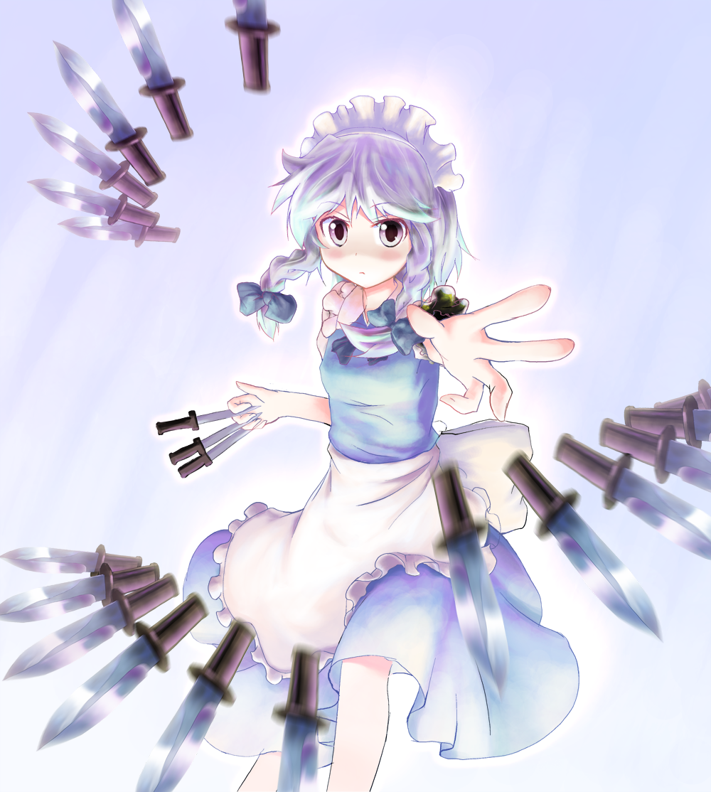 m spark, izayoi sakuya, touhou, silver hair, 1girl, aura, braid, female focus, gradient background, grey eyes, knife, maid, maid headdress, solo, twin braids, white background