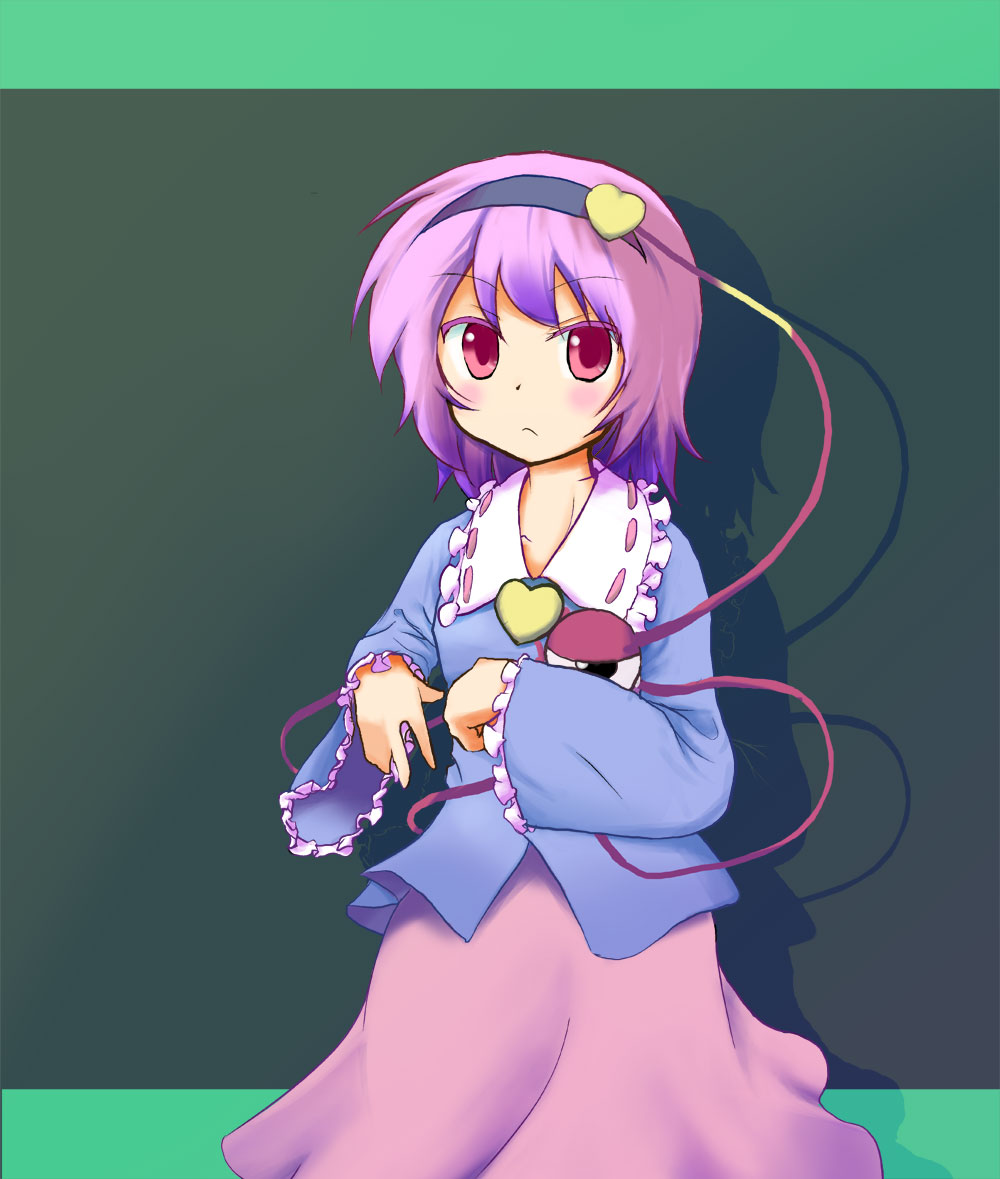 m spark, komeiji satori, touhou, 1girl, blush, female focus, hairband, heart, pink hair, red eyes, solo