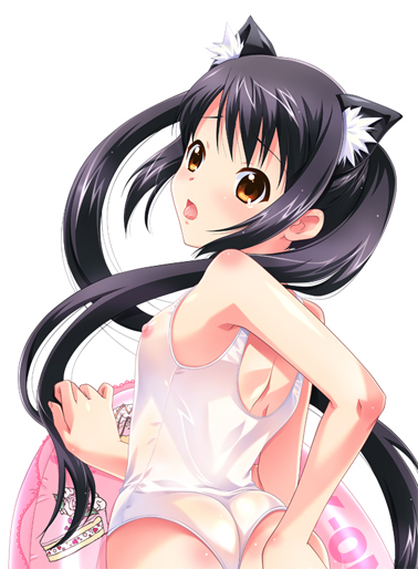 anko koubou, nakano azusa, k-on!, 00s, 1girl, animal ears, breasts, cat ears, cat girl, female focus, innertube, nipples, one-piece swimsuit, school swimsuit, see-through clothes, small breasts, solo, swim ring, swimsuit, white background, white one-piece swimsuit, white school swimsuit