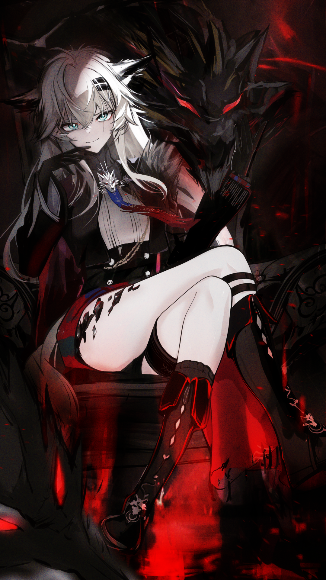 462vvv, lappland (arknights), lappland the decadenza (arknights), arknights, commentary, highres, 1girl, aiguillette, animal ears, aqua eyes, black boots, black gloves, black jacket, bolo tie, boots, closed mouth, crossed bangs, foot out of frame, gloves, grey hair, hair between eyes, hair ornament, hairclip, hand to own mouth, jacket, knee boots, long hair, long sleeves, looking at viewer, material growth, monster, oripathy lesion (arknights), scar, scar across eye, scar on face, shin strap, solo, wolf ears, wolf girl