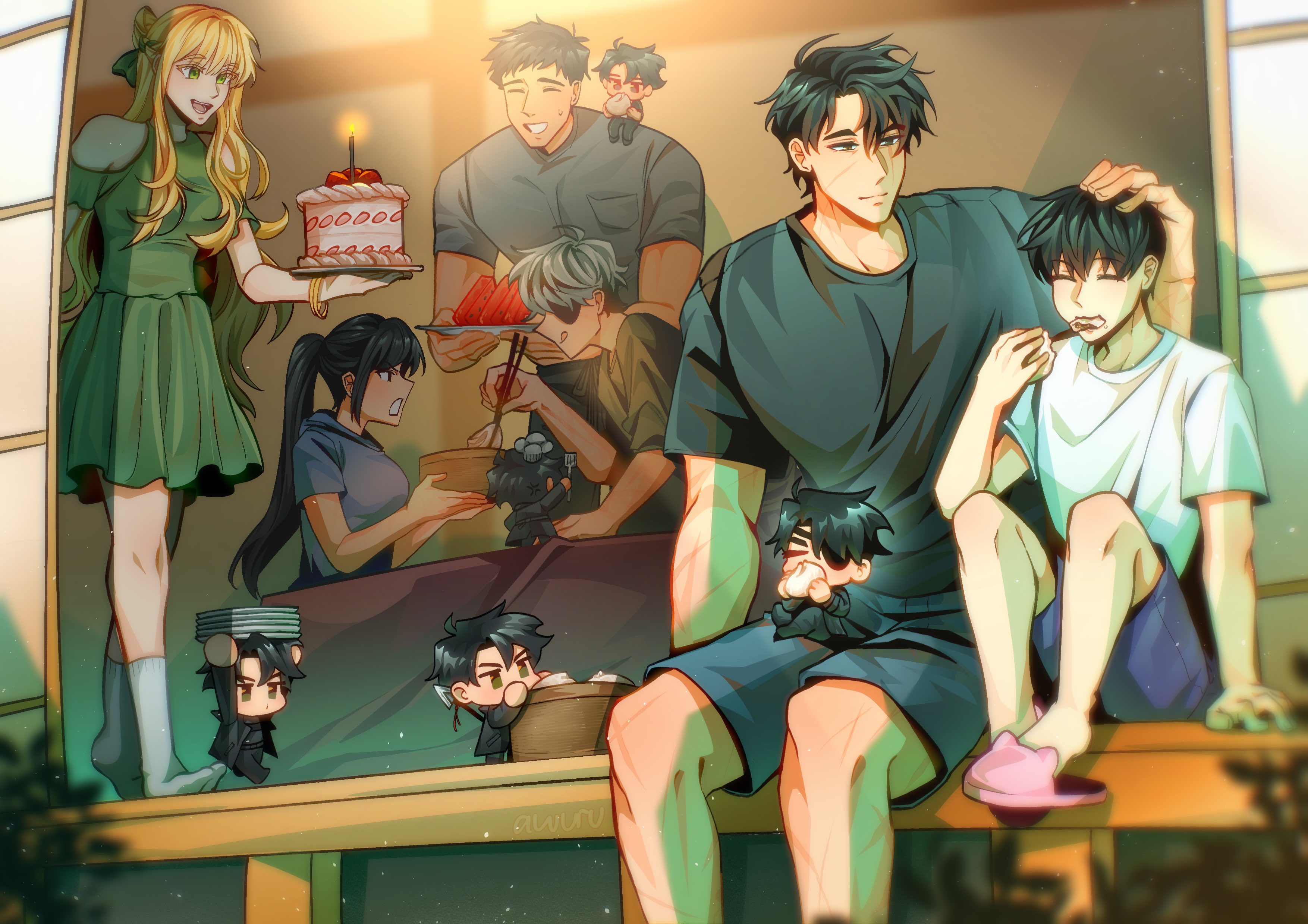 kim dokja, kim namwoon, lee hyunsung, lee jihye, oldest dream, uriel (omniscient reader's viewpoint), yoo joonghyuk, yoo joonghyuk (999th turn), omniscient reader's viewpoint, absurdres, highres, 2girls, 4boys, areuwuu, bamboo steamer, black hair, black shirt, black shorts, blonde hair, cake, chopsticks, clothing cutout, day, dress, dumpling, eyepatch, food, fruit, green dress, grin, hair over shoulder, hair ribbon, hand up, high ponytail, holding, holding cake, holding chopsticks, holding food, holding plate, light rays, mini person, miniboy, multiple boys, multiple girls, multiple persona, multiple scars, on shoulder, outdoors, plate, ponytail, porch, ribbon, scar, scar across eye, scar on arm, scar on face, scratching head, shirt, short hair, shorts, shoulder cutout, sidelocks, sitting, slippers, smile, socks, t-shirt, toned, toned male, walking, watermelon, watermelon slice, white hair, white socks