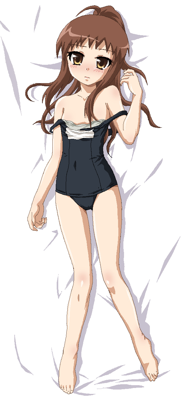 hayashiya zankurou, kyonko, suzumiya haruhi no yuuutsu, derivative work, highres, 00s, 1girl, bare shoulders, barefoot, brown eyes, brown hair, clothes pull, dakimakura (medium), feet, female focus, flat chest, full body, genderswap, genderswap (mtf), long hair, lying, off shoulder, on back, one-piece swimsuit, one-piece swimsuit pull, ponytail, school swimsuit, solo, swimsuit