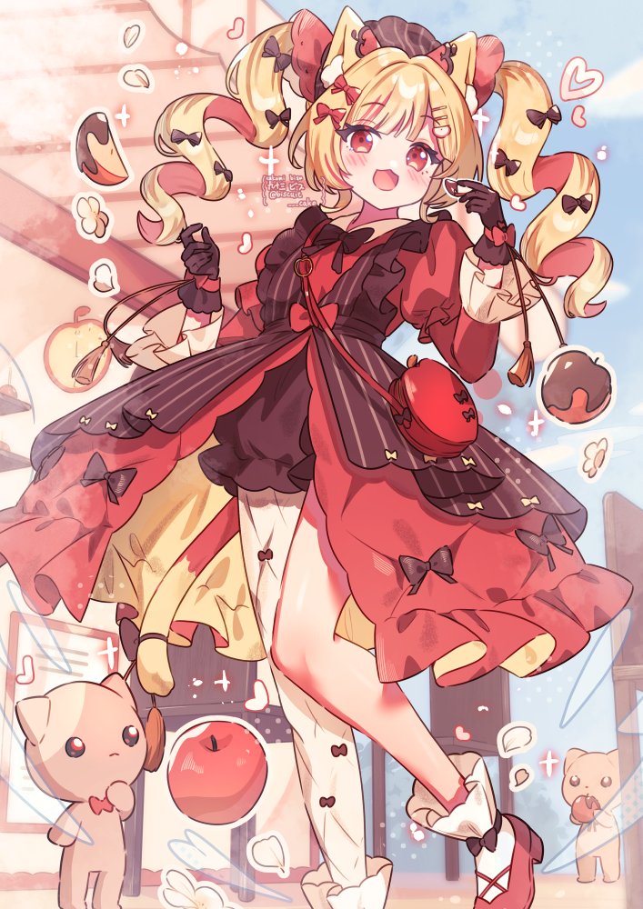 tsukumi bis, original, commentary, symbol-only commentary, 1girl, :3, :d, animal ear fluff, animal ears, asymmetrical legwear, bag, blonde hair, blush, bow, brown dress, cat, cat ears, cat girl, cat tail, dress, foot out of frame, frilled sleeves, frills, hair bow, long hair, long sleeves, looking at viewer, open mouth, pantyhose, red bow, red dress, red eyes, red shoes, shoes, single leg pantyhose, smile, socks, solo, standing, tail, twintails, uneven legwear, white pantyhose, white socks