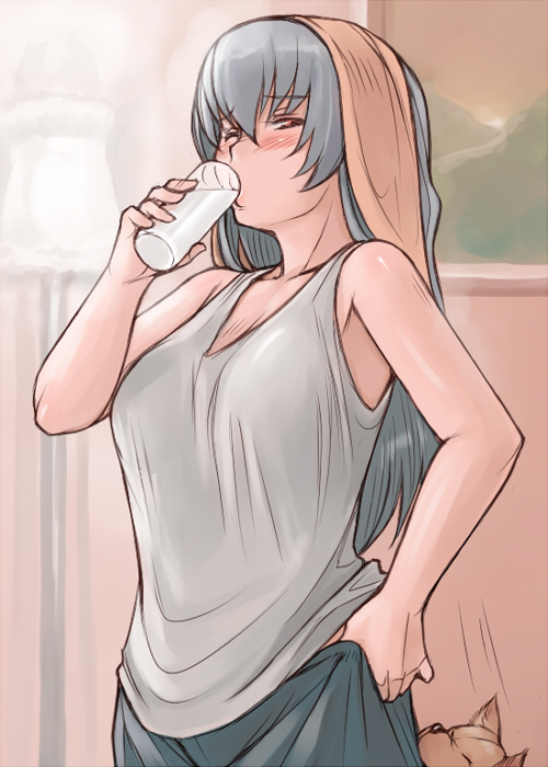 tsuda nanafushi, suigintou, rozen maiden, silver hair, 00s, 1girl, aged up, blush, breasts, casual, clothes pull, dog, drinking, female focus, large breasts, long hair, milk, object on head, pants, pants pull, pants tug, pulling own clothes, shirt, sleeveless, sleeveless shirt, solo, towel, towel on head