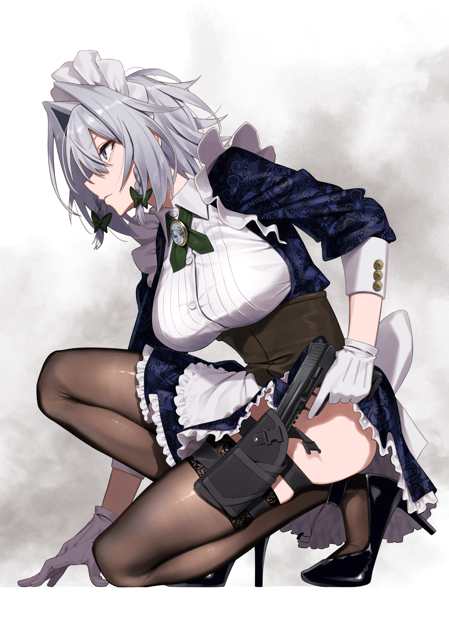greenkohgen, izayoi sakuya, heckler & koch, touhou, commentary, english commentary, highres, 1girl, apron, back bow, black shoes, blue dress, blue eyes, bow, braid, breasts, brooch, brown corset, buttons, closed mouth, collared shirt, corset, cross tie, dress, expressionless, fighting stance, full body, gloves, green bow, grey hair, gun, h&k p30, hair between eyes, hair bow, hair intakes, handgun, high heels, holding, holding gun, holding weapon, holster, jewelry, large breasts, long bangs, looking afar, maid, maid headdress, on one knee, profile, ready to draw, shirt, shoes, short hair, smoke, solo, thigh holster, thighhighs, twin braids, underbust, waist apron, weapon, white apron, white background, white bow, white gloves, white shirt
