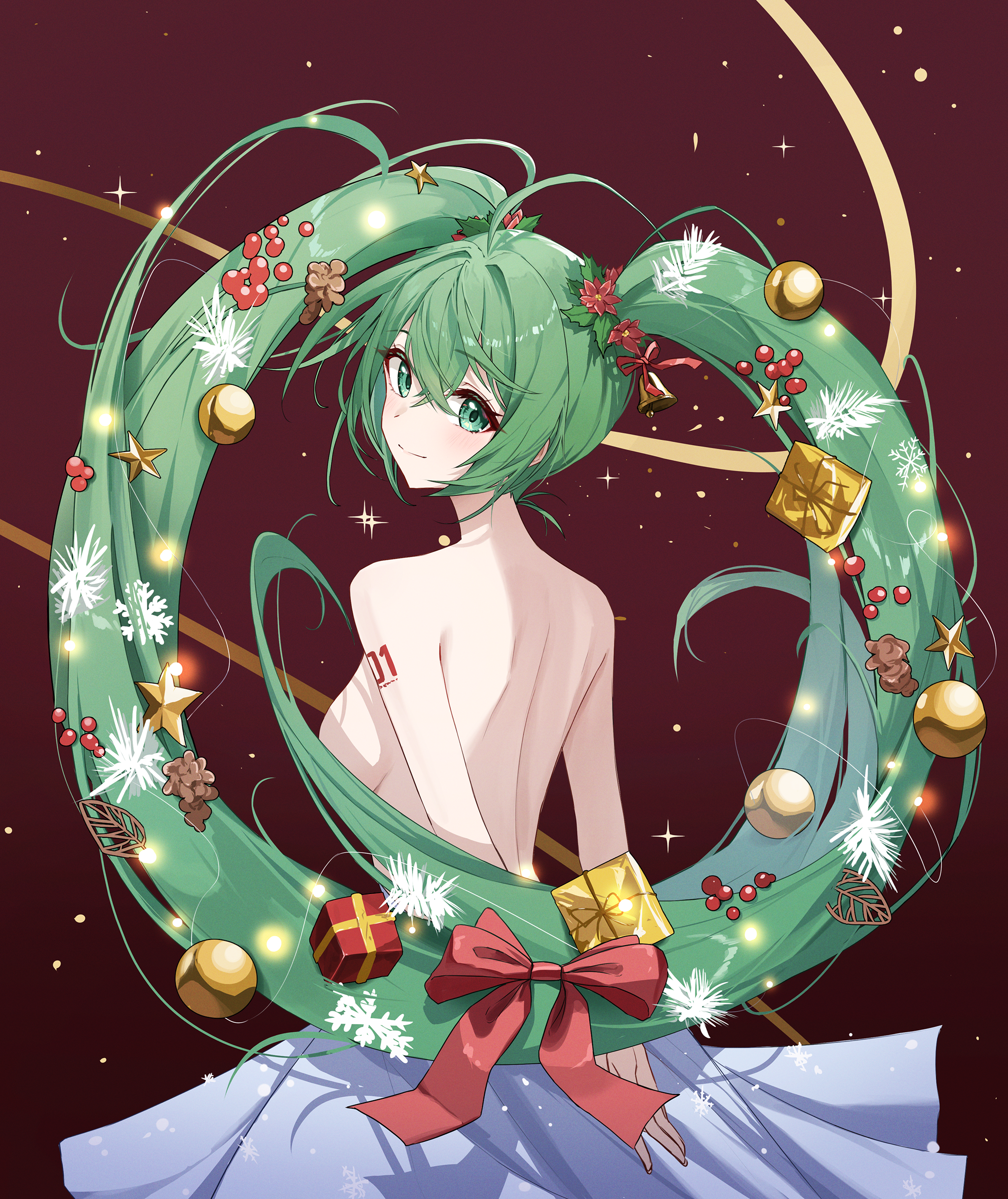 nasol, hatsune miku, vocaloid, absurdres, commentary, english commentary, highres, 1girl, arm tattoo, arms behind back, backless dress, backless outfit, bell, box, breasts, christmas lights, christmas ornaments, christmas wreath, closed mouth, convenient censoring, crossed bangs, dress, flower, from side, gift, gift box, green eyes, green hair, hair bell, hair between eyes, hair flower, hair ornament, long hair, looking at viewer, median furrow, medium breasts, number tattoo, red background, red flower, smile, solo, star (symbol), tattoo, turning head, twintails, upper body, very long hair, white dress, wreath
