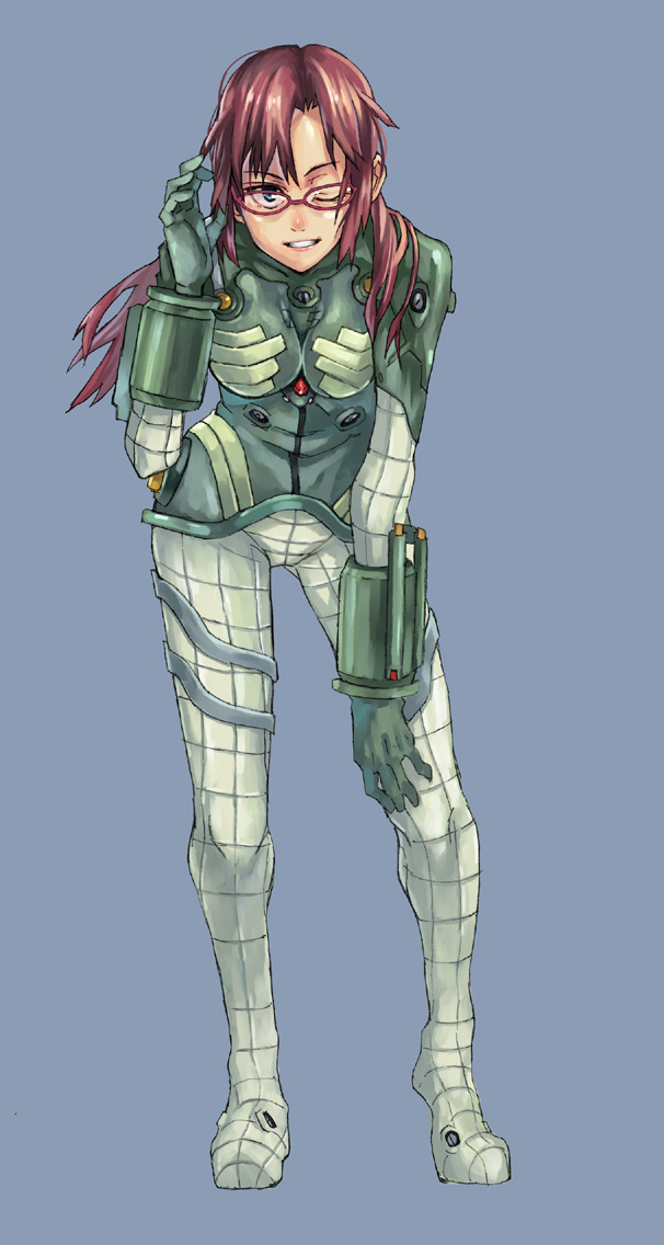 kno1, makinami mari illustrious, evangelion: 2.0 you can (not) advance, neon genesis evangelion, rebuild of evangelion, bad id, bad pixiv id, 00s, 1girl, bodysuit, breasts, female focus, full body, glasses, grin, mecha pilot suit, one eye closed, plugsuit (evangelion), simple background, smile, solo, wink