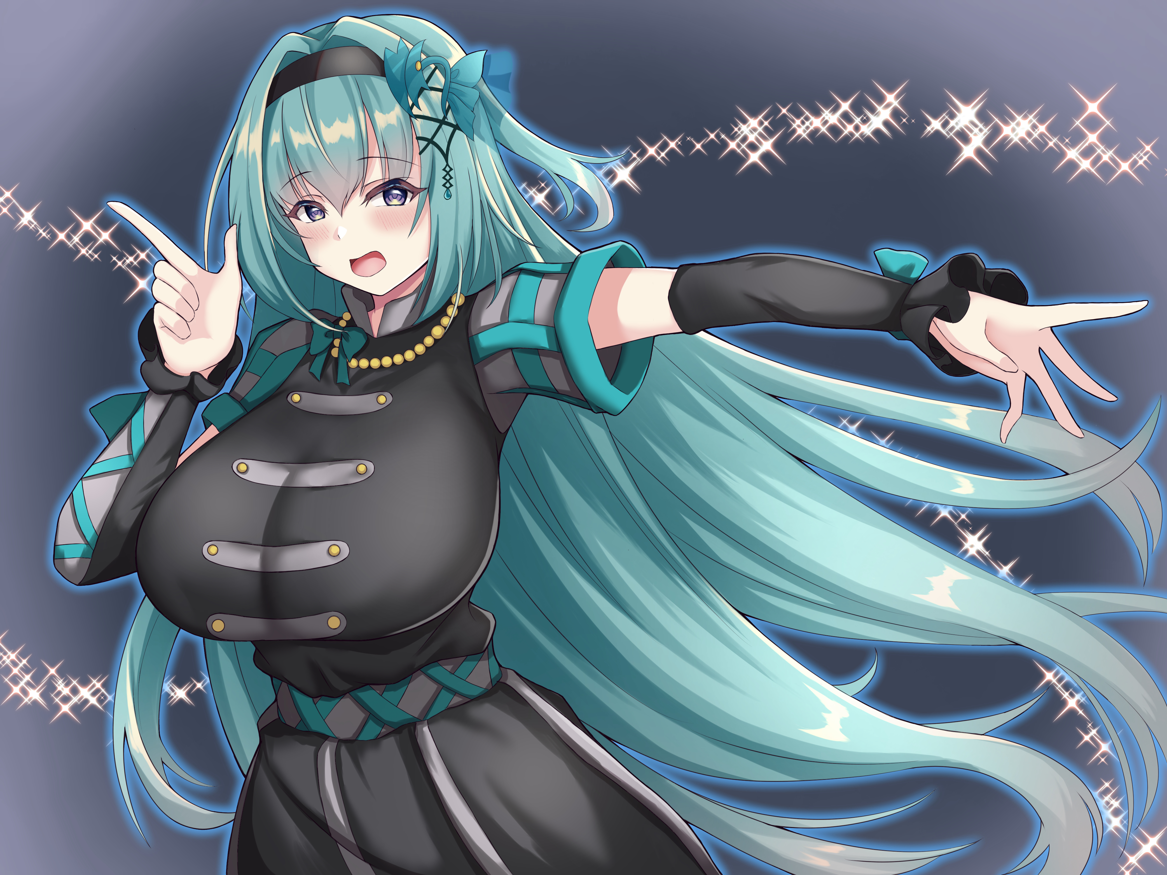 comotaro, enju (z/x), z/x, absurdres, highres, 1girl, black dress, black hairband, breasts, detached sleeves, dress, green hair, hair ornament, hairband, huge breasts, jewelry, l hand, long hair, necklace, open mouth, outstretched arm, pearl necklace, purple eyes, solo, sparkle