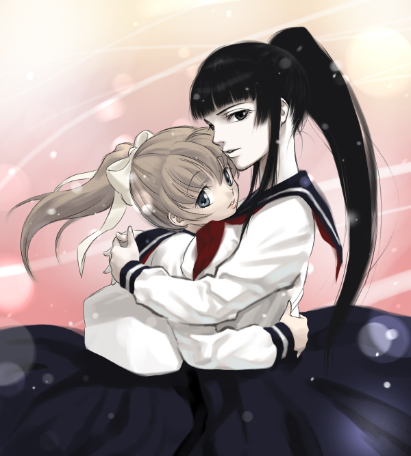 you2, original, 2girls, breasts, hug, large breasts, multiple girls, pale skin, ponytail, school uniform, serafuku