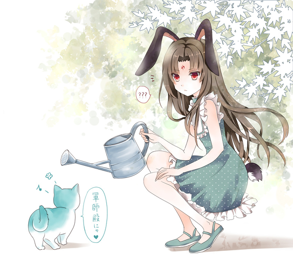 soren (fire emblem), fire emblem, fire emblem: path of radiance, nintendo, commentary request, translation request, 1boy, ?, animal ears, cat, crossdressing, crossdressing (mtf), dress, facial mark, forehead mark, holding, holding watering can, long hair, male focus, mana (tonyandtony), rabbit ears, rabbit tail, red eyes, speech bubble, spoken question mark, squatting, tail, watering can