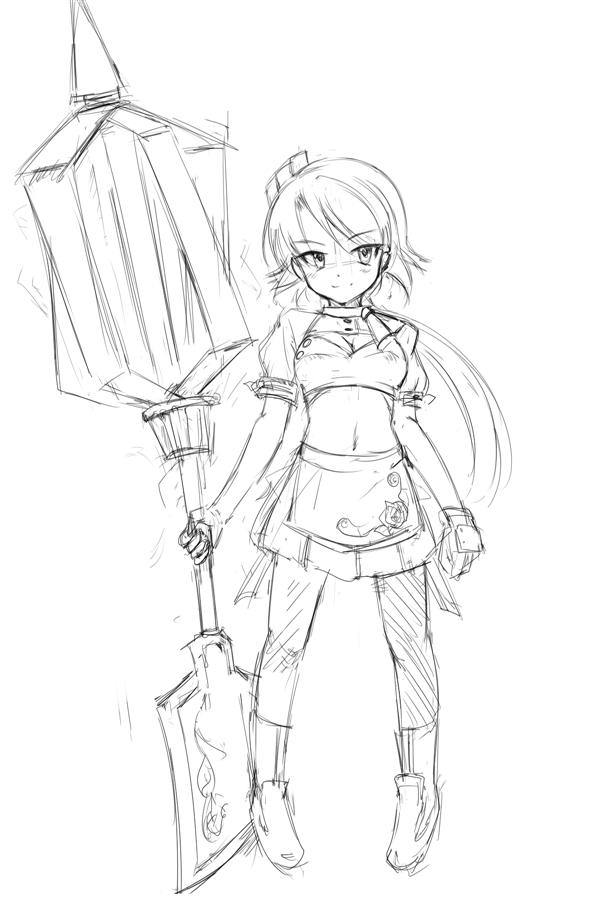 regdic, original, 1girl, female focus, greyscale, hammer, looking at viewer, midriff, monochrome, navel, short hair, simple background, sketch, skirt, solo, standing, stomach, white background