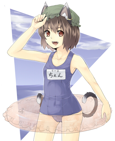 urin, chen, touhou, 1girl, animal ears, brown hair, cat ears, cat girl, cat tail, earrings, fangs, female focus, gradient background, hat, innertube, jewelry, multiple tails, ocean, one-piece swimsuit, red eyes, school swimsuit, short hair, sky, solo, swim ring, swimsuit, tail, white background