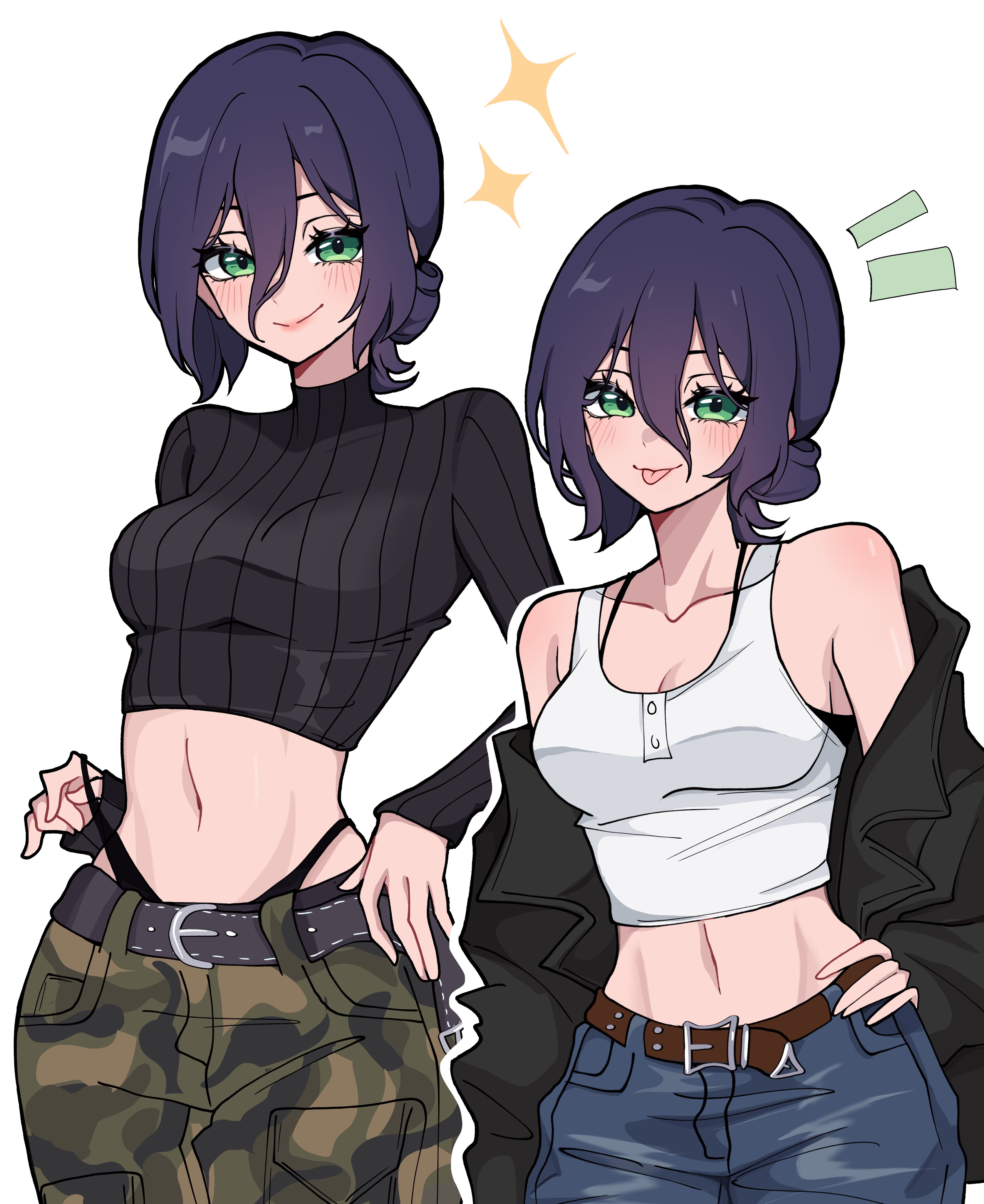 miovartz, reze (chainsaw man), chainsaw man, absurdres, highres, 1girl, alternate costume, belt, black coat, black sweater, blush, bra, breasts, camouflage, camouflage pants, coat, crop top, green eyes, hair between eyes, hair bun, midriff, multiple girls, navel, panties, pants, purple hair, short hair, shorts, single hair bun, small breasts, star (symbol), sweater, tongue, tongue out, underwear, white background