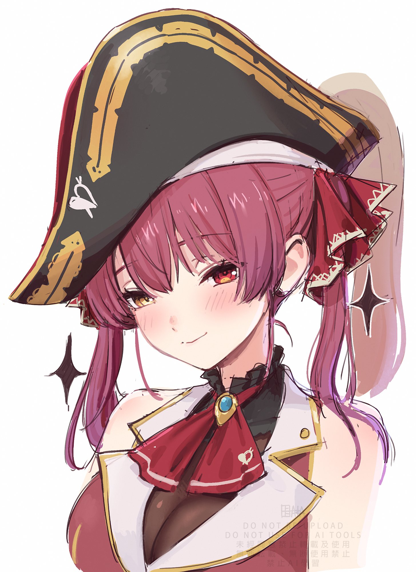 a-ka, houshou marine, houshou marine (1st costume), hololive, highres, 1girl, bare shoulders, bicorne, black hat, black leotard, blush, breasts, closed mouth, hat, heterochromia, jacket, large breasts, leotard, pirate hat, red eyes, red hair, red jacket, see-through cleavage, see-through clothes, see-through leotard, simple background, sleeveless, sleeveless jacket, smile, solo, sparkle, upper body, virtual youtuber, white background, yellow eyes