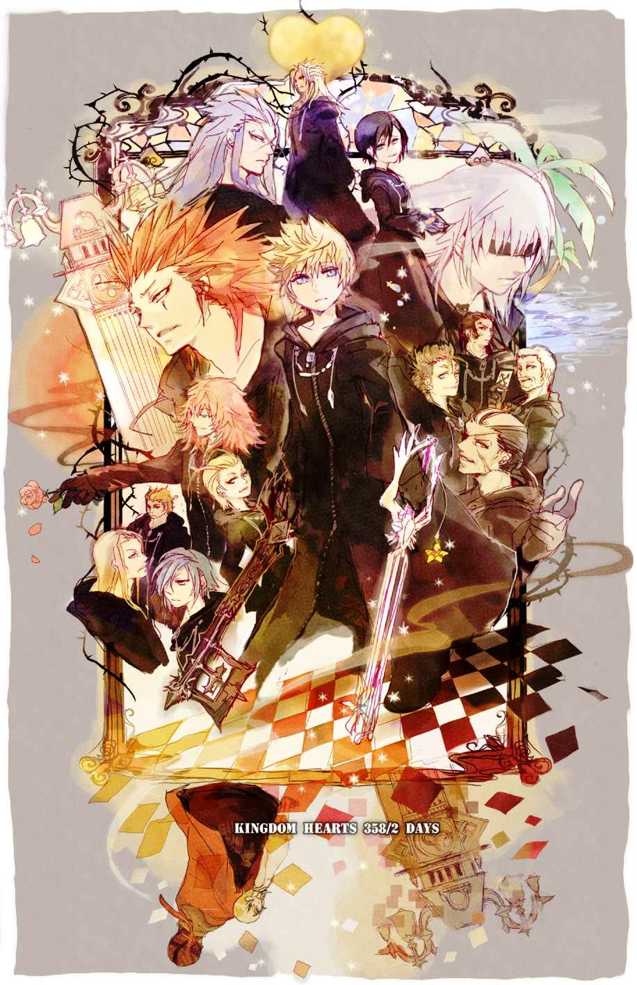 koku 666, axel, demyx, diz, heartless, larxene, lexaeus, luxord, marluxia, namine, organization xiii, riku (kingdom hearts), roxas, saix, vexen, xaldin, xemnas, xigbar, xion (kingdom hearts), zexion, kingdom hearts, kingdom hearts 358/2 days, uniform, bad id, bad pixiv id, highres, 3girls, bandages, black coat (kingdom hearts), blindfold, card, clock, clock tower, everyone, eyepatch, female focus, floating card, flower, keyblade, multiple girls, robe, rose, sau00efx, seashell, shell, tattoo, tower, tree
