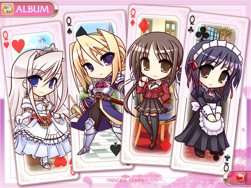 komori kei, charlotte hazellink, fujikura yuu, houjouin seika, silvia van hossen, princess lover, game cg, 4girls, apron, armor, black hair, black thighhighs, blonde hair, blue eyes, blue hair, brown eyes, card, card (medium), chibi, dress, earrings, elbow gloves, gloves, hair ribbon, hair up, high heels, jewelry, long hair, maid, maid apron, maid headdress, multiple girls, necklace, pink hair, playing card, playing card (medium), purple eyes, queen (playing card), ribbon, school uniform, shoes, short hair, skirt, smile, sword, thighhighs, tiara, twintails, weapon, zettai ryouiki
