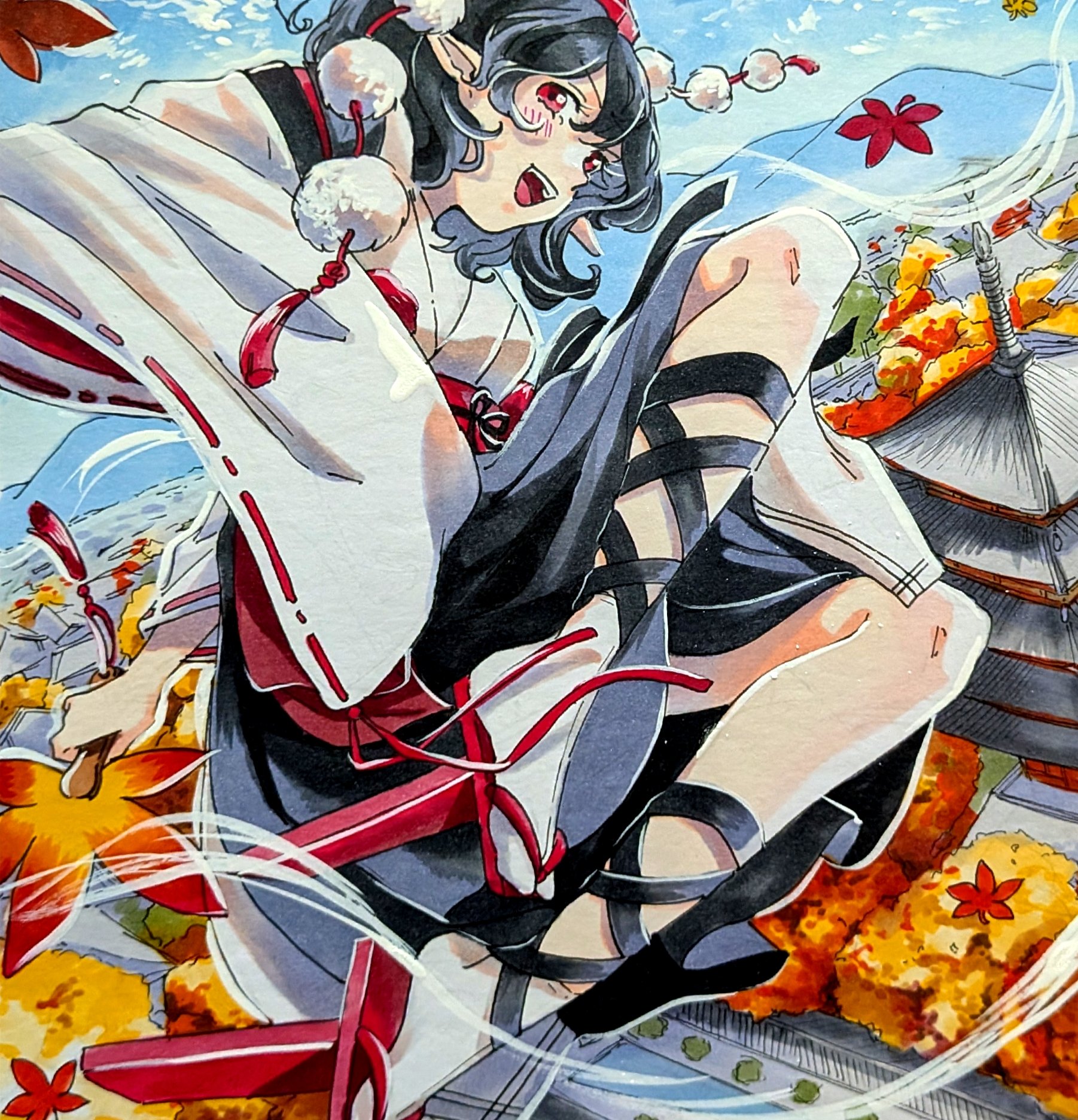 mokoiscat, shameimaru aya, touhou, highres, 1girl, autumn leaves, bird wings, black hair, black wings, geta, hand fan, hat, hauchiwa, holding, holding fan, leaf, leaf fan, leg ribbon, open mouth, outdoors, pagoda, pointy ears, pom pom (clothes), red eyes, red hat, red sandals, ribbon, sandals, solo, tengu, tengu-geta, tokin hat, wings