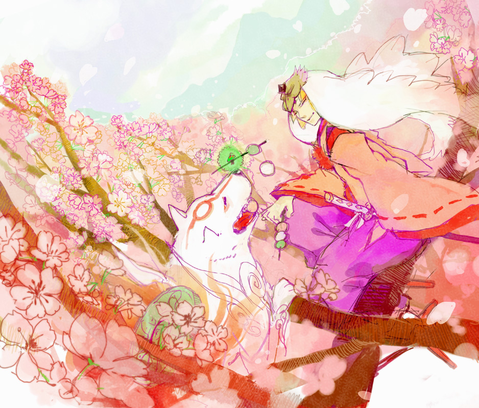 koku 666, amaterasu (ookami), issun, ushiwakamaru (ookami), ookami (game), bad id, bad pixiv id, cherry blossoms, flower, japanese clothes, kimono, sword, weapon, white hair, wolf